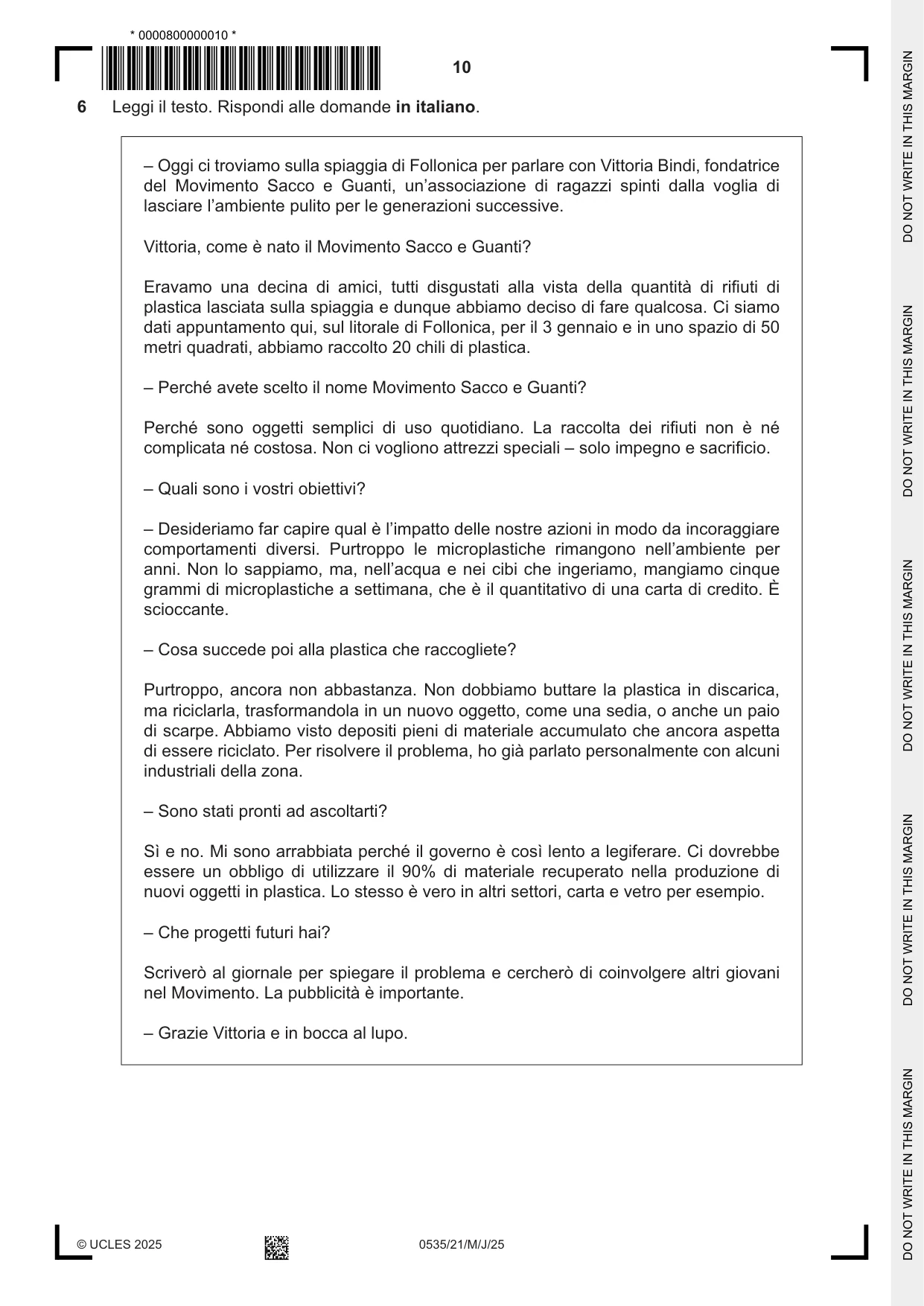 Cambridge IGCSE Italian - Foreign Language 0535 2025 May/June Paper 2 · Variant 1 question paper, page 10 of 12