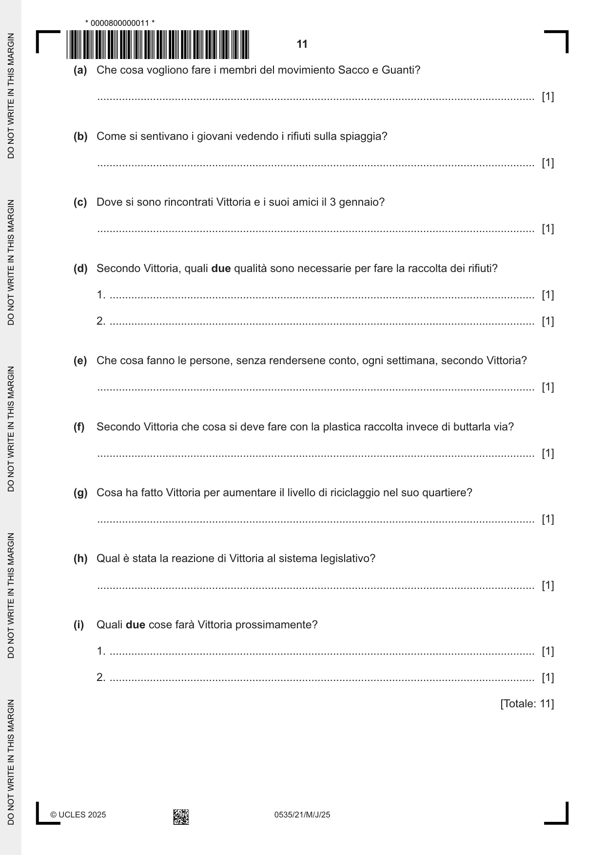 Cambridge IGCSE Italian - Foreign Language 0535 2025 May/June Paper 2 · Variant 1 question paper, page 11 of 12