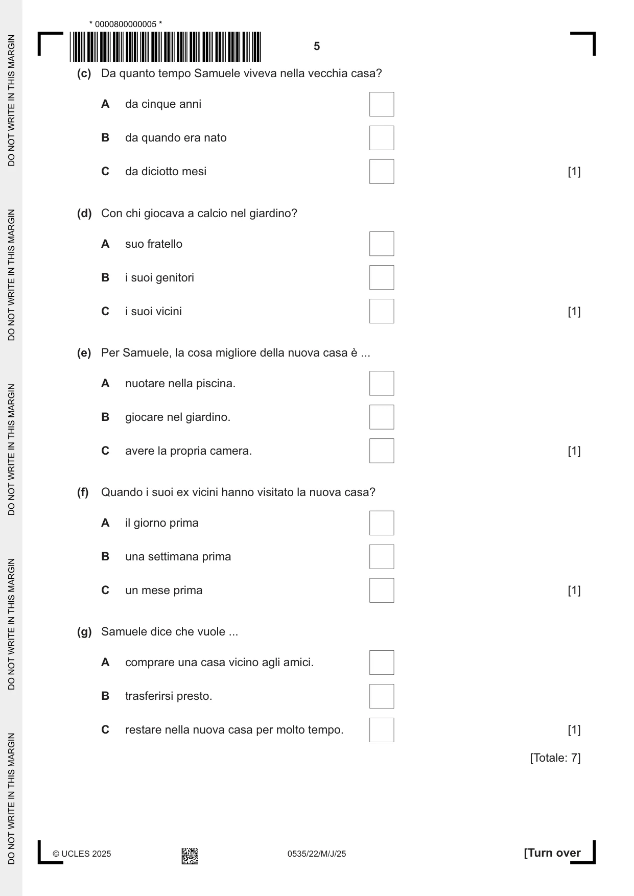 Cambridge IGCSE Italian - Foreign Language 0535 2025 May/June Paper 2 · Variant 2 question paper, page 5 of 12