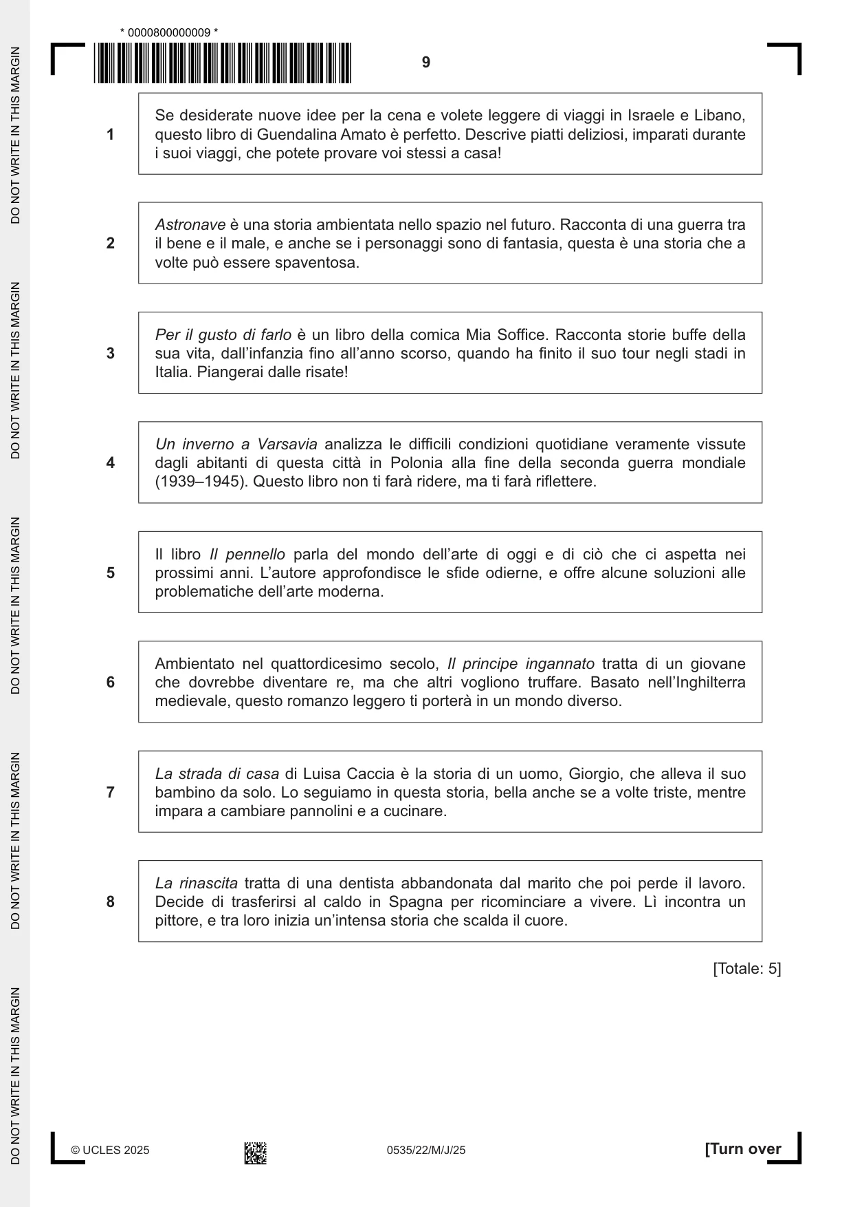 Cambridge IGCSE Italian - Foreign Language 0535 2025 May/June Paper 2 · Variant 2 question paper, page 9 of 12