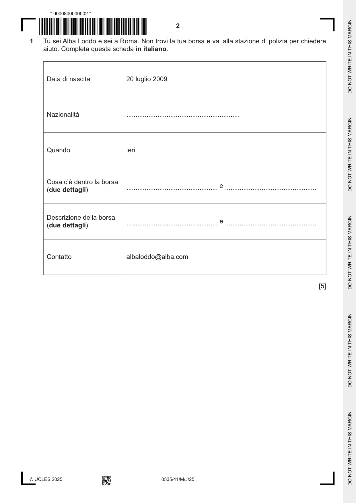Cambridge IGCSE Italian - Foreign Language 0535 2025 May/June Paper 4 · Variant 1 question paper, page 2 of 8