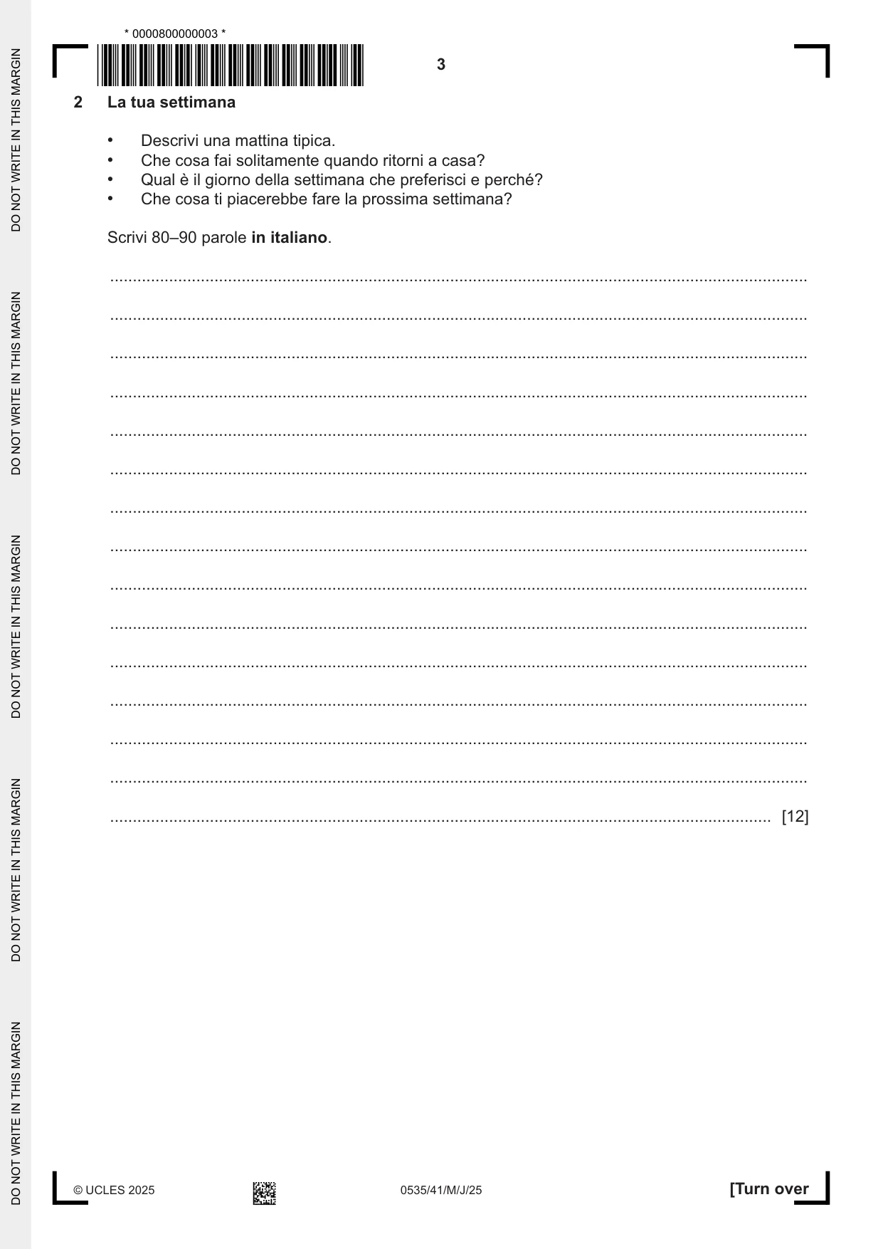 Cambridge IGCSE Italian - Foreign Language 0535 2025 May/June Paper 4 · Variant 1 question paper, page 3 of 8