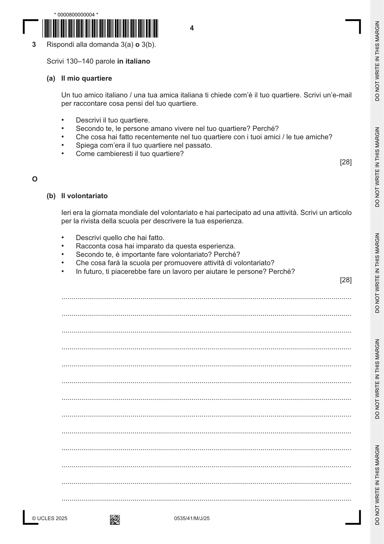 Cambridge IGCSE Italian - Foreign Language 0535 2025 May/June Paper 4 · Variant 1 question paper, page 4 of 8