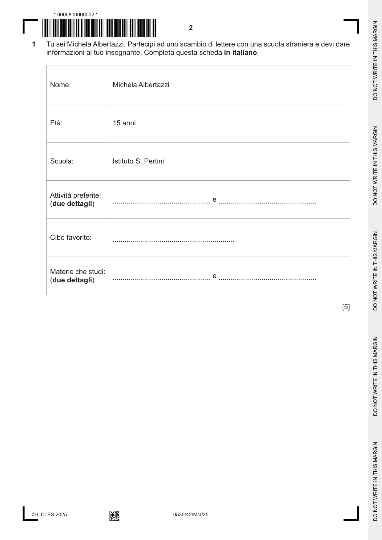 Cambridge IGCSE Italian - Foreign Language 0535 2025 May/June Paper 4 · Variant 2 question paper, page 2 of 8