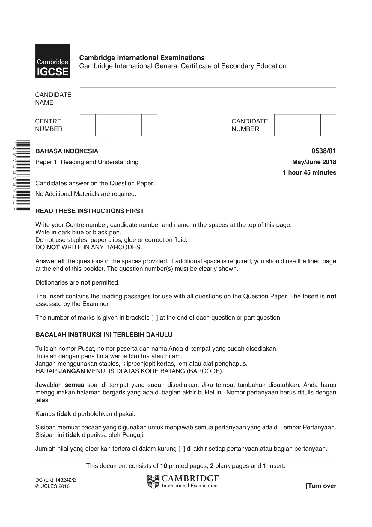Cambridge IGCSE Bahasa Indonesia 0538 2018 May/June Paper 1 · Variant 0 question paper, page 1 of 12