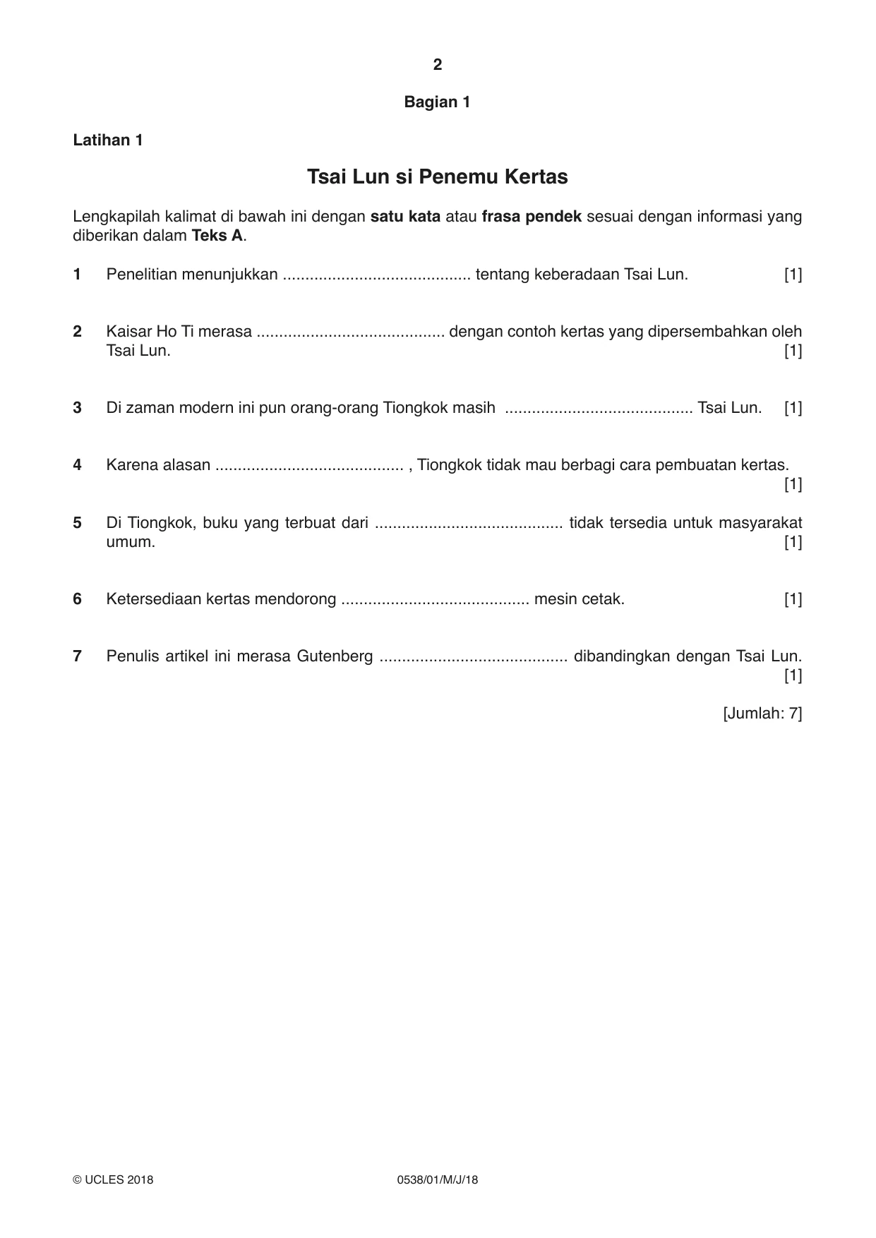 Cambridge IGCSE Bahasa Indonesia 0538 2018 May/June Paper 1 · Variant 0 question paper, page 2 of 12