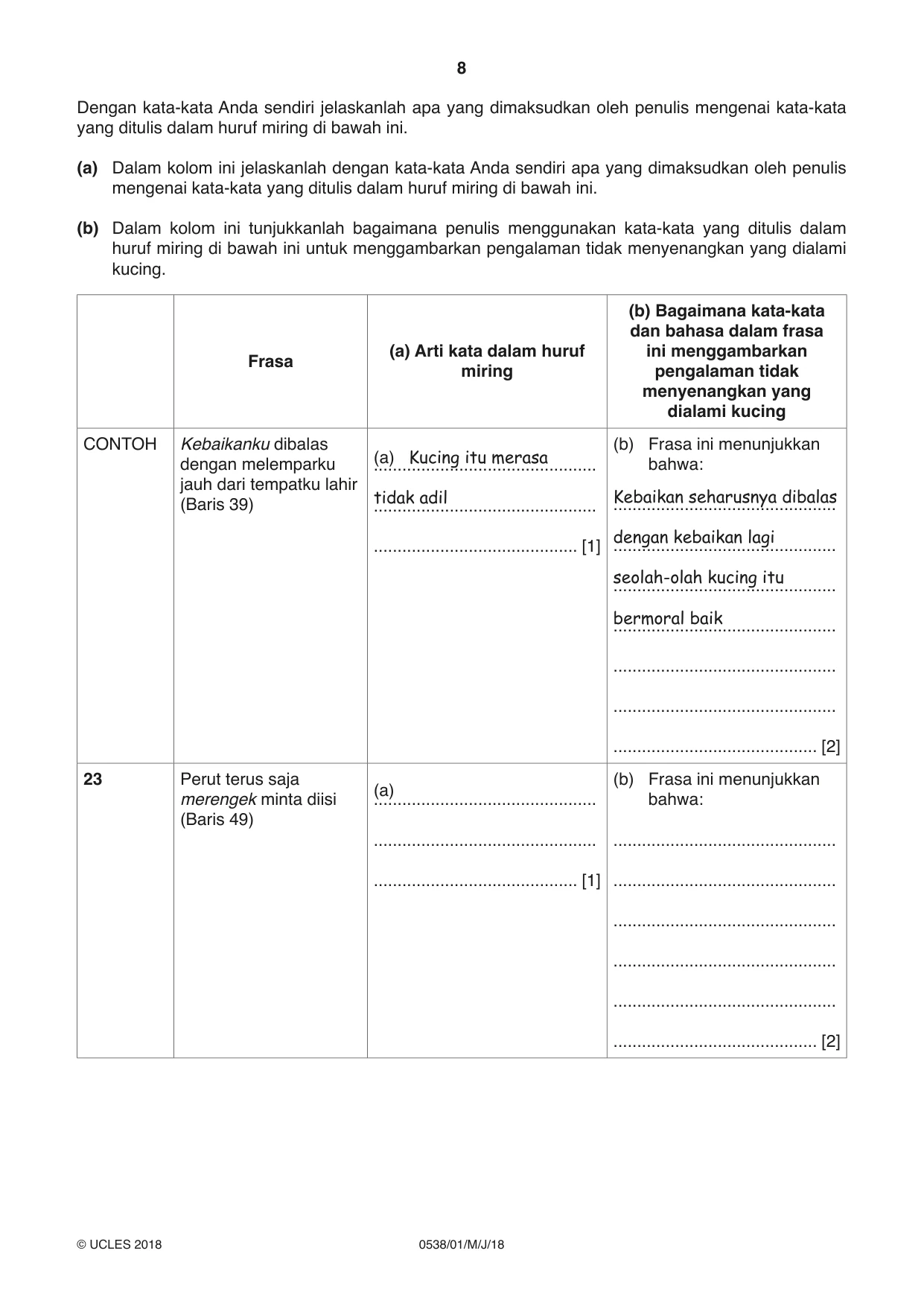 Cambridge IGCSE Bahasa Indonesia 0538 2018 May/June Paper 1 · Variant 0 question paper, page 8 of 12