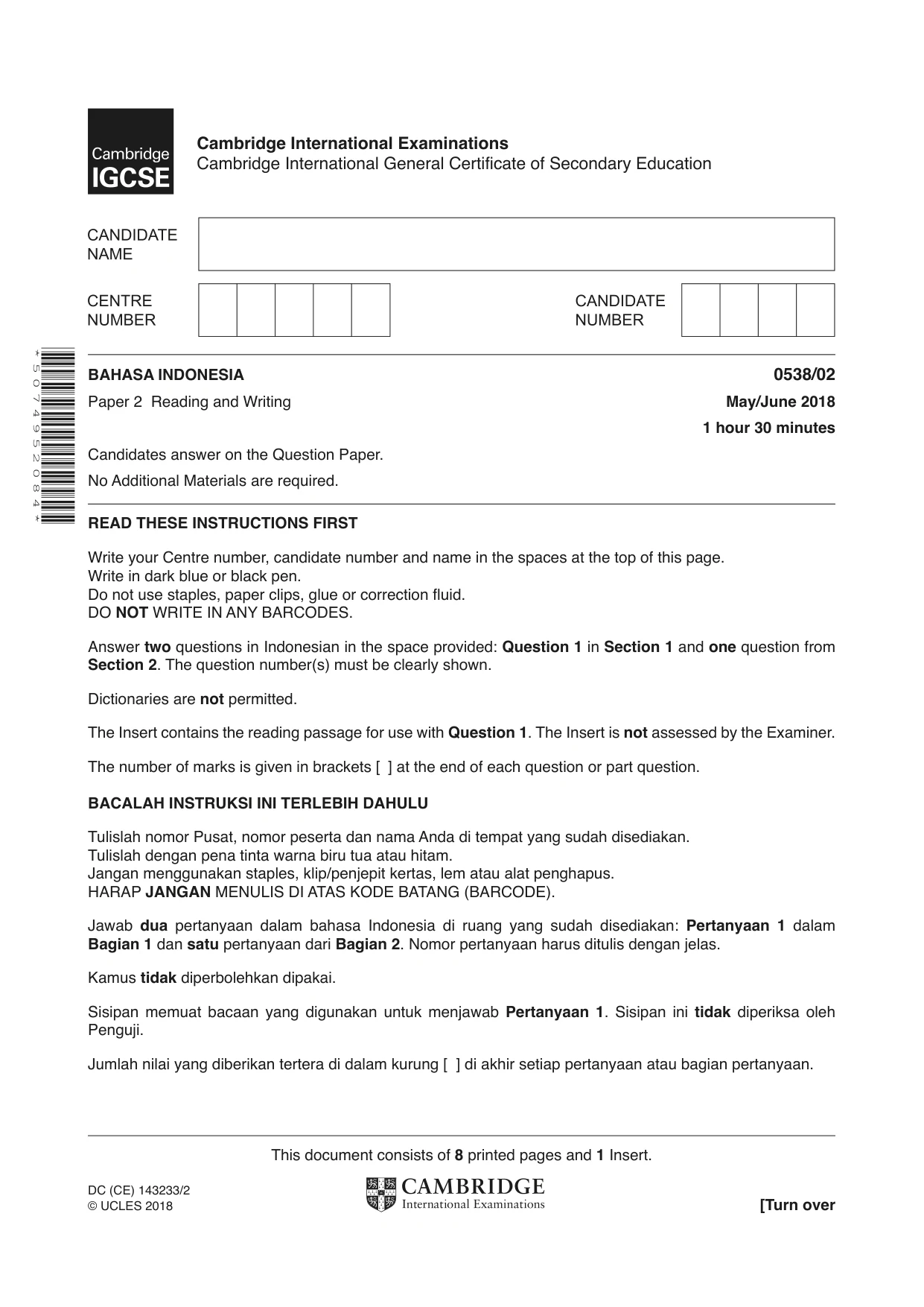 Cambridge IGCSE Bahasa Indonesia 0538 2018 May/June Paper 2 · Variant 0 question paper, page 1 of 8