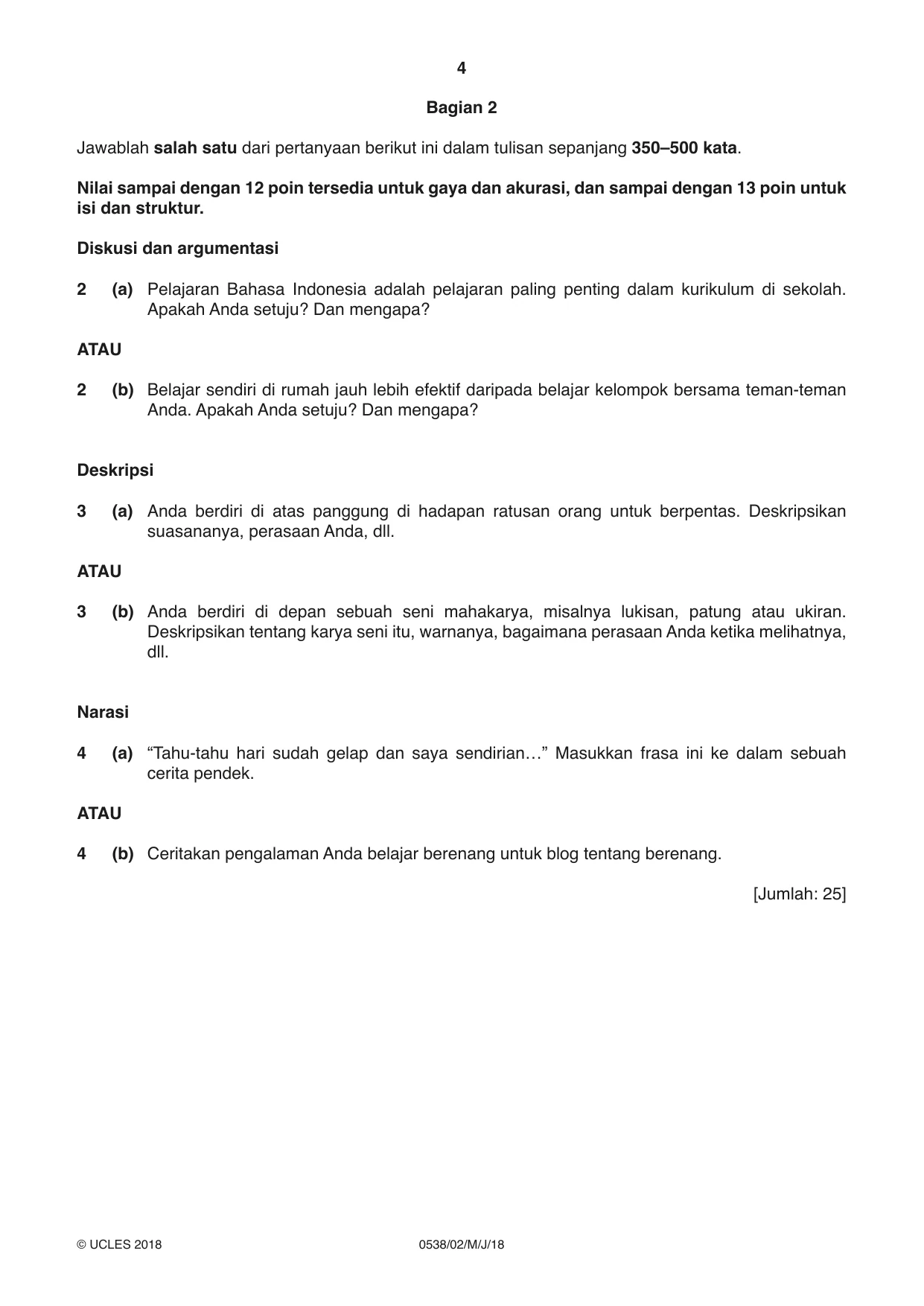 Cambridge IGCSE Bahasa Indonesia 0538 2018 May/June Paper 2 · Variant 0 question paper, page 4 of 8