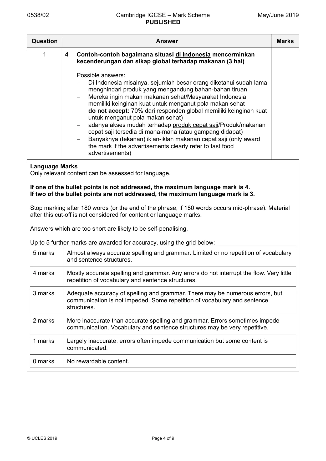 Mark scheme, page 4 of 9