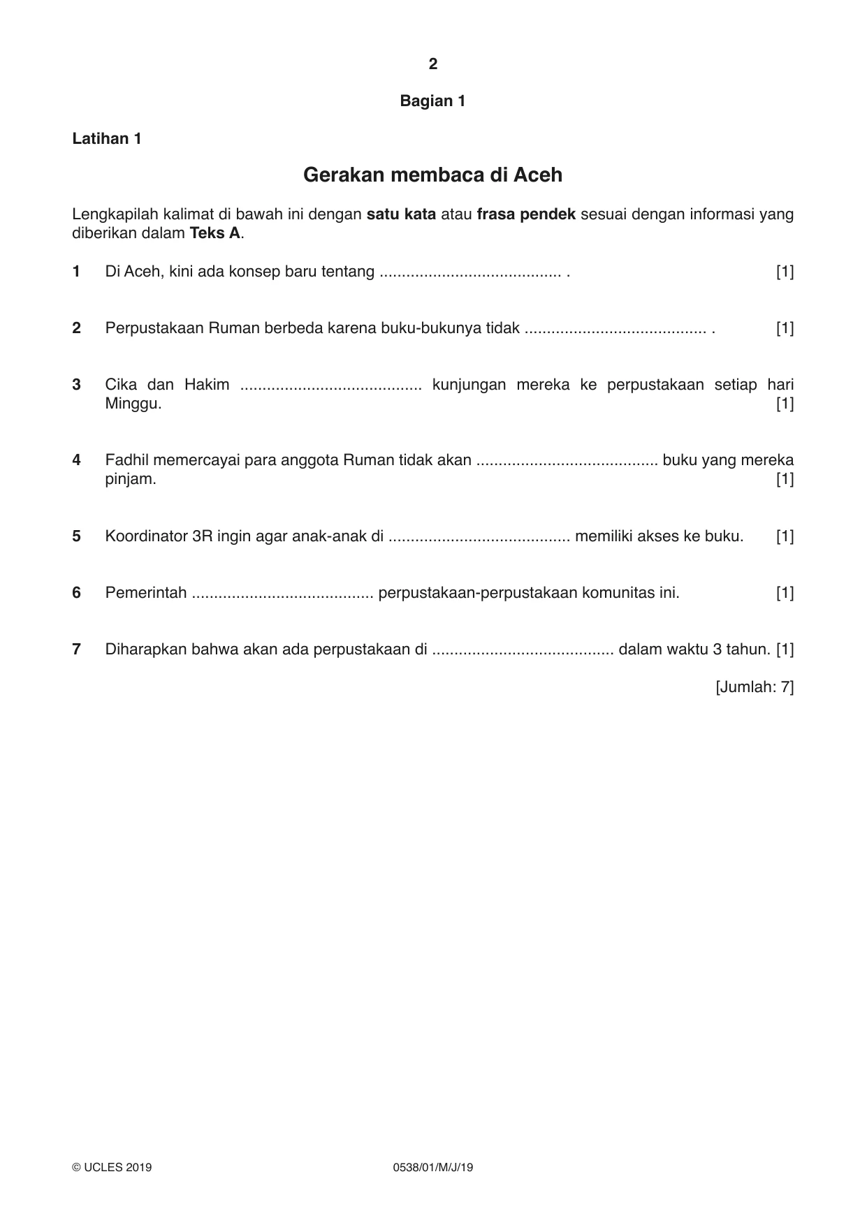 Cambridge IGCSE Bahasa Indonesia 0538 2019 May/June Paper 1 · Variant 1 question paper, page 2 of 12