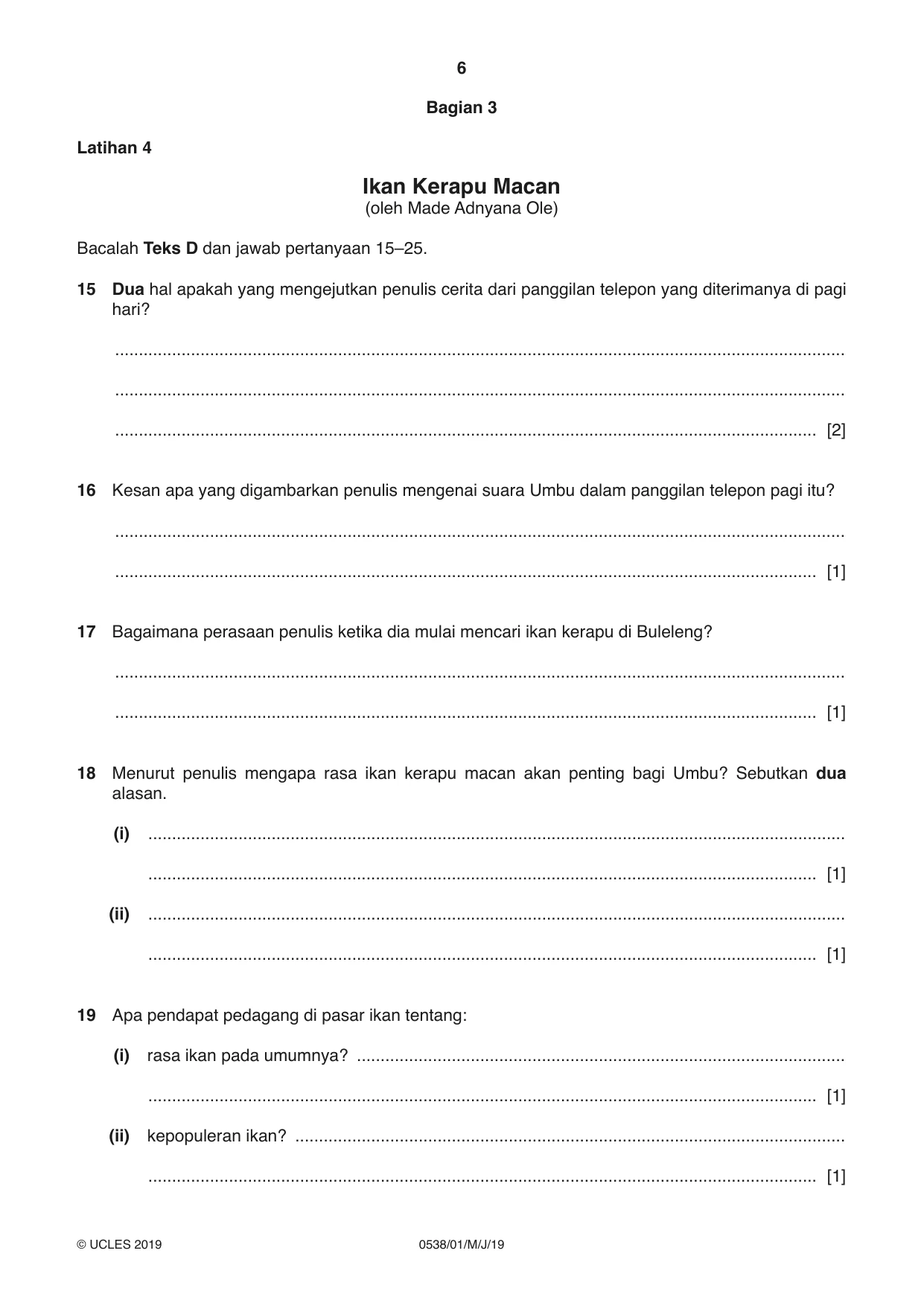 Cambridge IGCSE Bahasa Indonesia 0538 2019 May/June Paper 1 · Variant 1 question paper, page 6 of 12