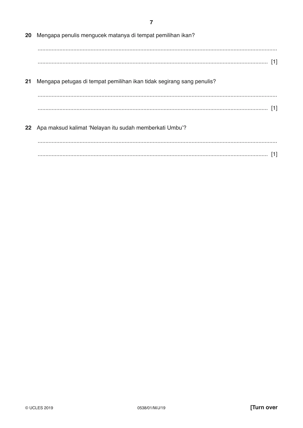 Cambridge IGCSE Bahasa Indonesia 0538 2019 May/June Paper 1 · Variant 1 question paper, page 7 of 12
