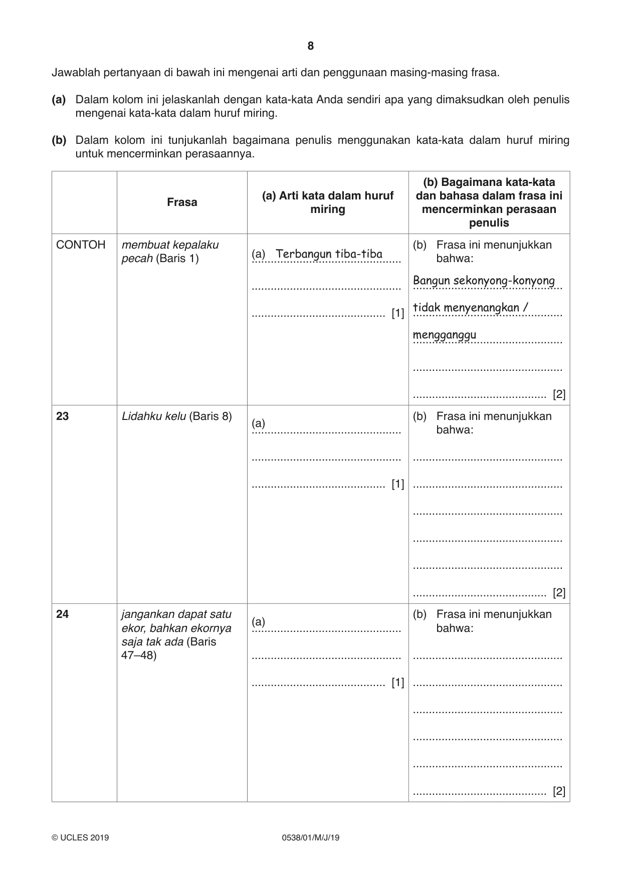 Cambridge IGCSE Bahasa Indonesia 0538 2019 May/June Paper 1 · Variant 1 question paper, page 8 of 12
