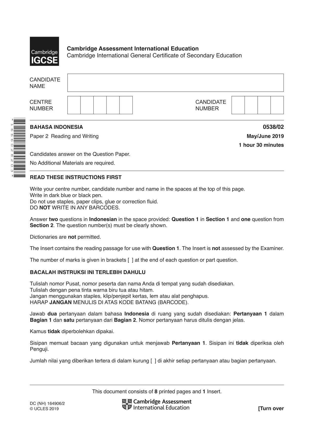 Cambridge IGCSE Bahasa Indonesia 0538 2019 May/June Paper 2 · Variant 1 question paper, page 1 of 8