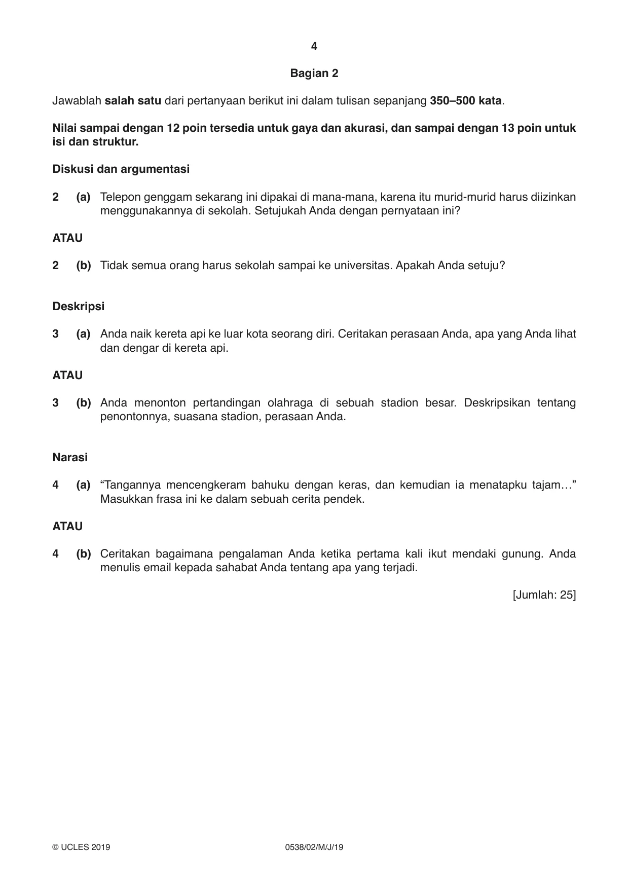 Cambridge IGCSE Bahasa Indonesia 0538 2019 May/June Paper 2 · Variant 1 question paper, page 4 of 8