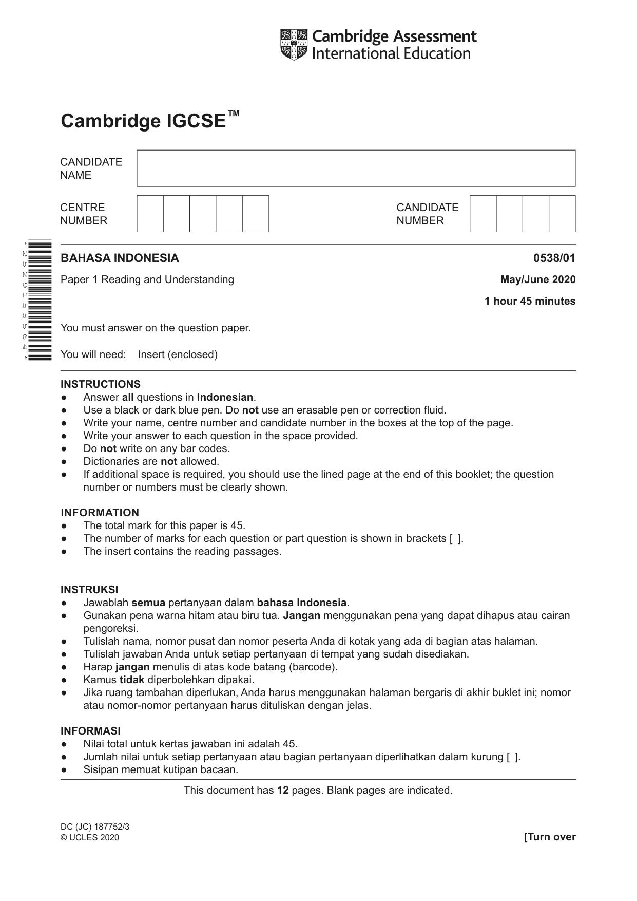 Cambridge IGCSE Bahasa Indonesia 0538 2020 May/June Paper 1 · Variant 0 question paper, page 1 of 12
