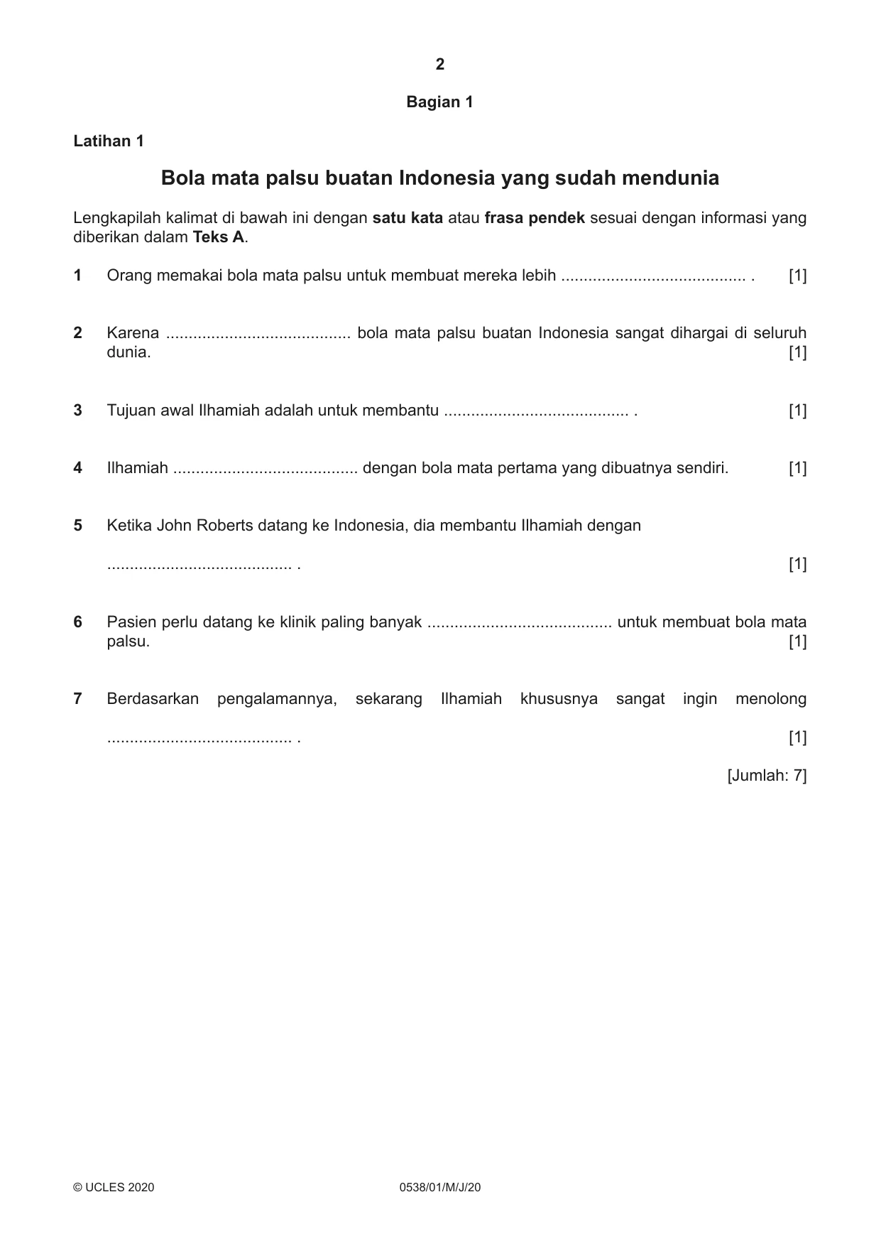 Cambridge IGCSE Bahasa Indonesia 0538 2020 May/June Paper 1 · Variant 0 question paper, page 2 of 12