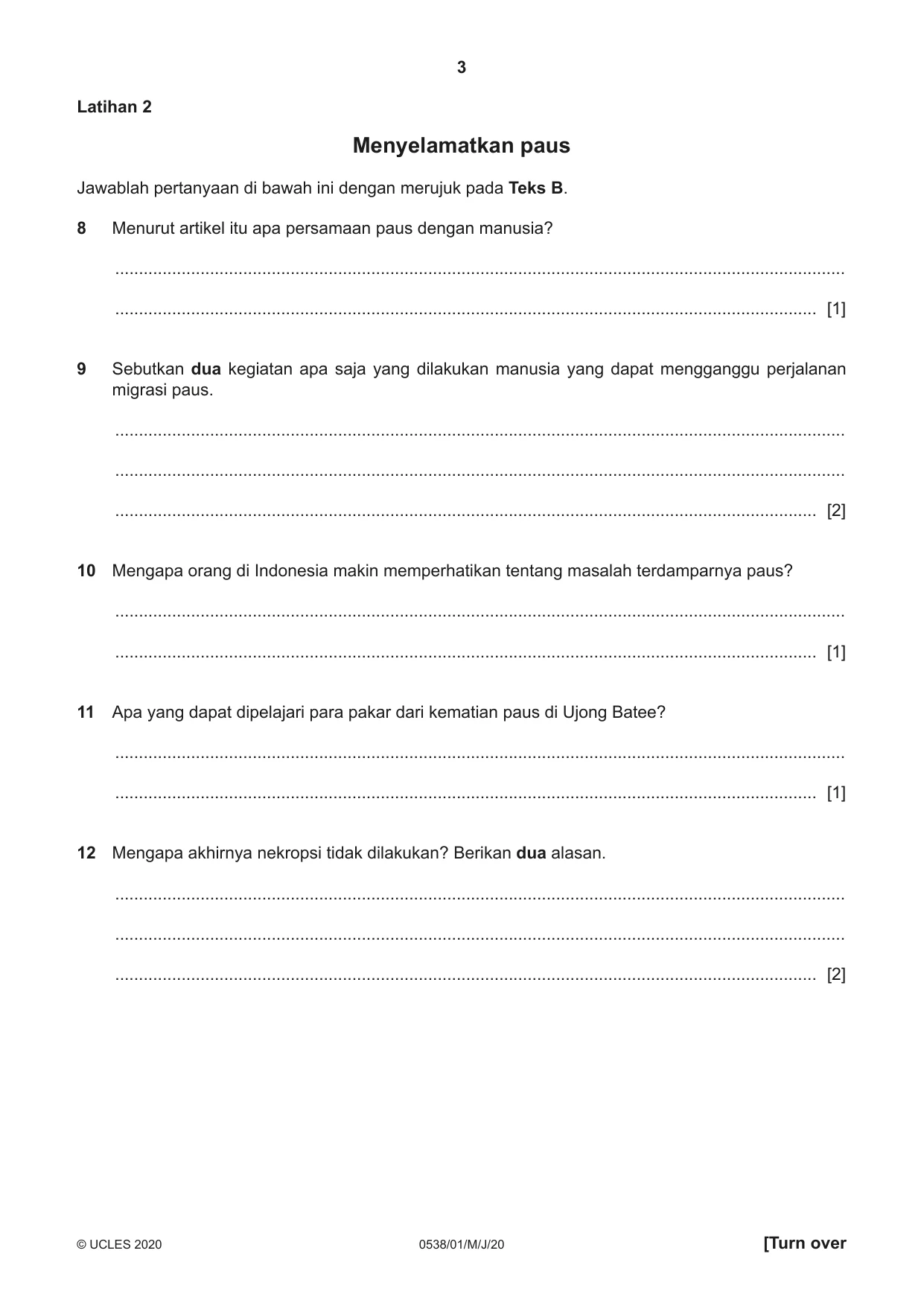 Cambridge IGCSE Bahasa Indonesia 0538 2020 May/June Paper 1 · Variant 0 question paper, page 3 of 12