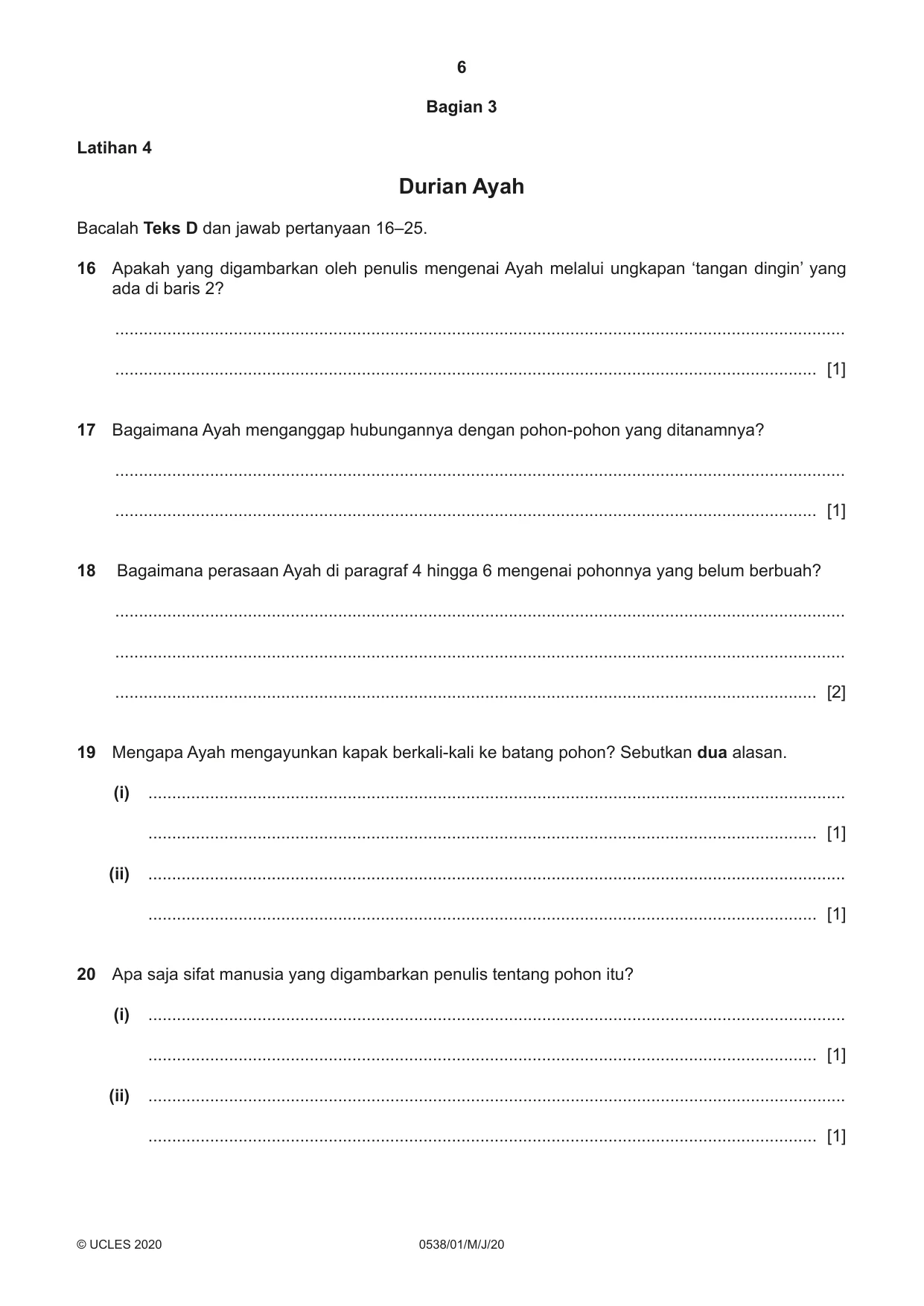 Cambridge IGCSE Bahasa Indonesia 0538 2020 May/June Paper 1 · Variant 0 question paper, page 6 of 12