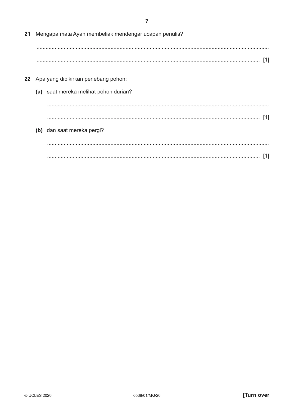 Cambridge IGCSE Bahasa Indonesia 0538 2020 May/June Paper 1 · Variant 0 question paper, page 7 of 12