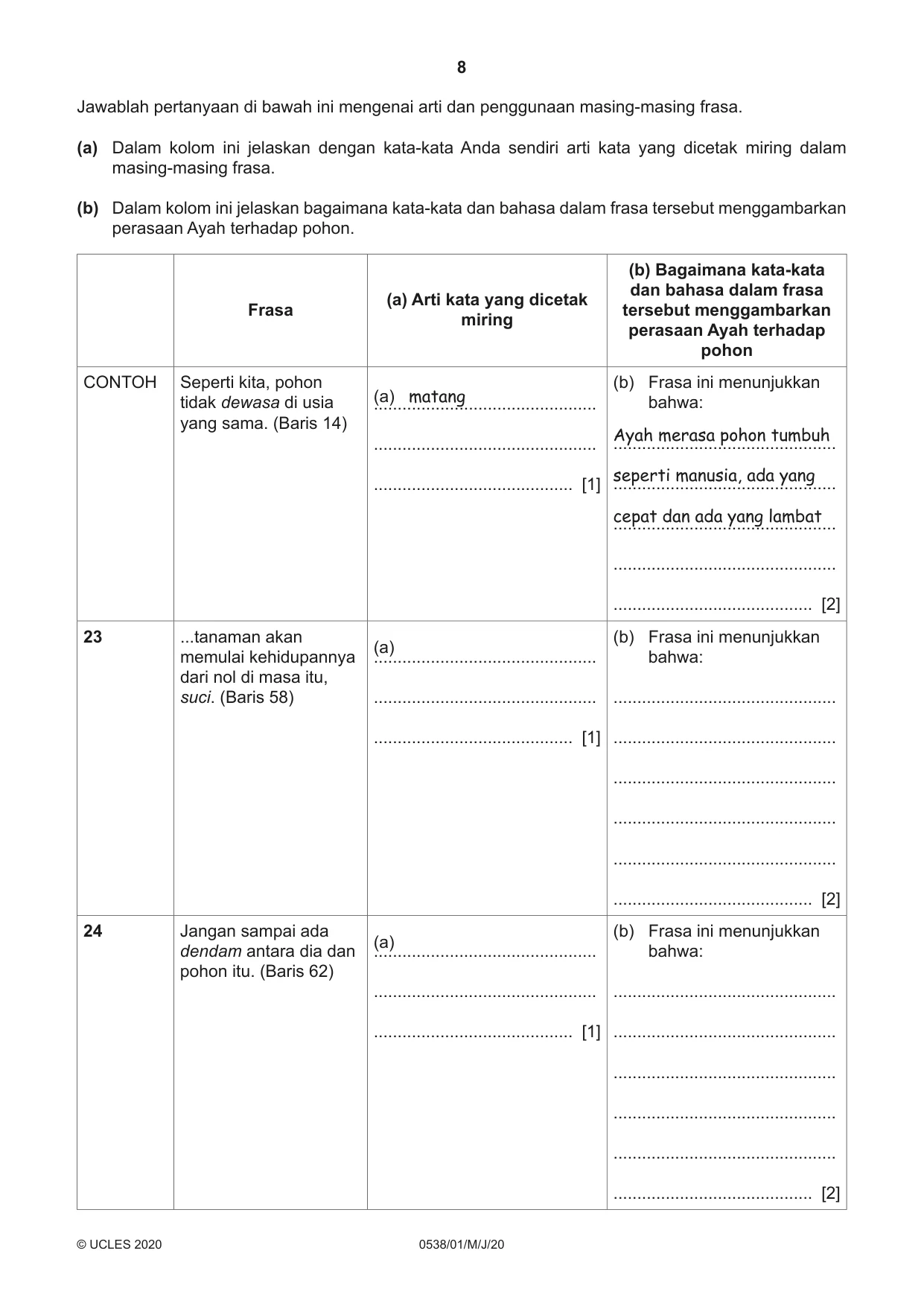 Cambridge IGCSE Bahasa Indonesia 0538 2020 May/June Paper 1 · Variant 0 question paper, page 8 of 12