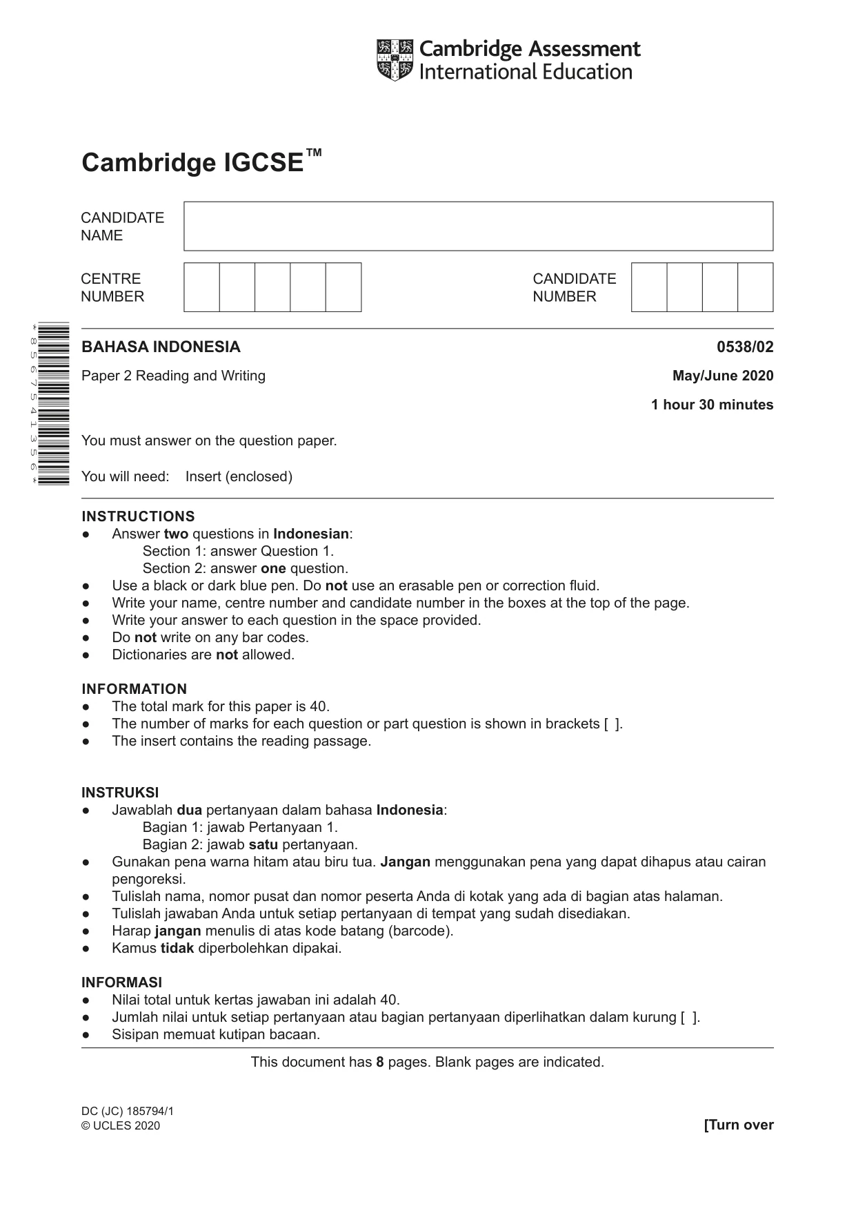 Cambridge IGCSE Bahasa Indonesia 0538 2020 May/June Paper 2 · Variant 0 question paper, page 1 of 8