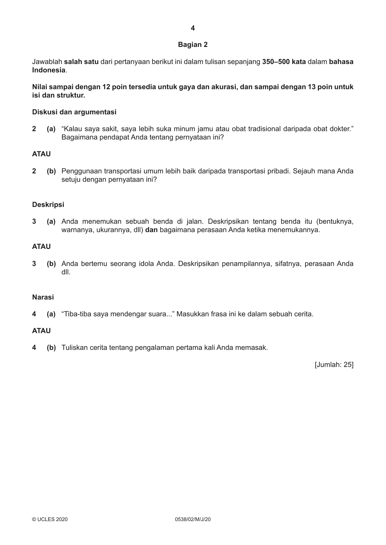 Cambridge IGCSE Bahasa Indonesia 0538 2020 May/June Paper 2 · Variant 0 question paper, page 4 of 8