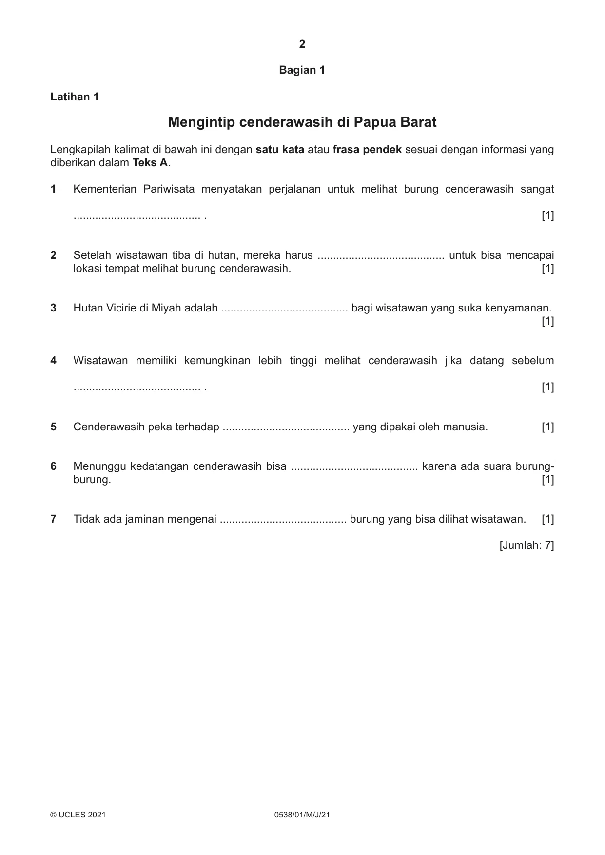 Cambridge IGCSE Bahasa Indonesia 0538 2021 May/June Paper 1 · Variant 0 question paper, page 2 of 12