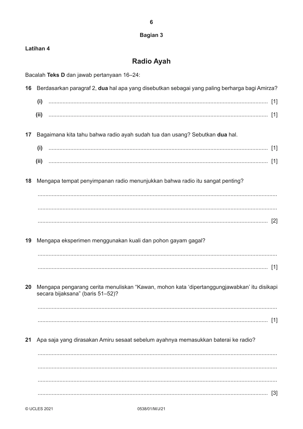 Cambridge IGCSE Bahasa Indonesia 0538 2021 May/June Paper 1 · Variant 0 question paper, page 6 of 12
