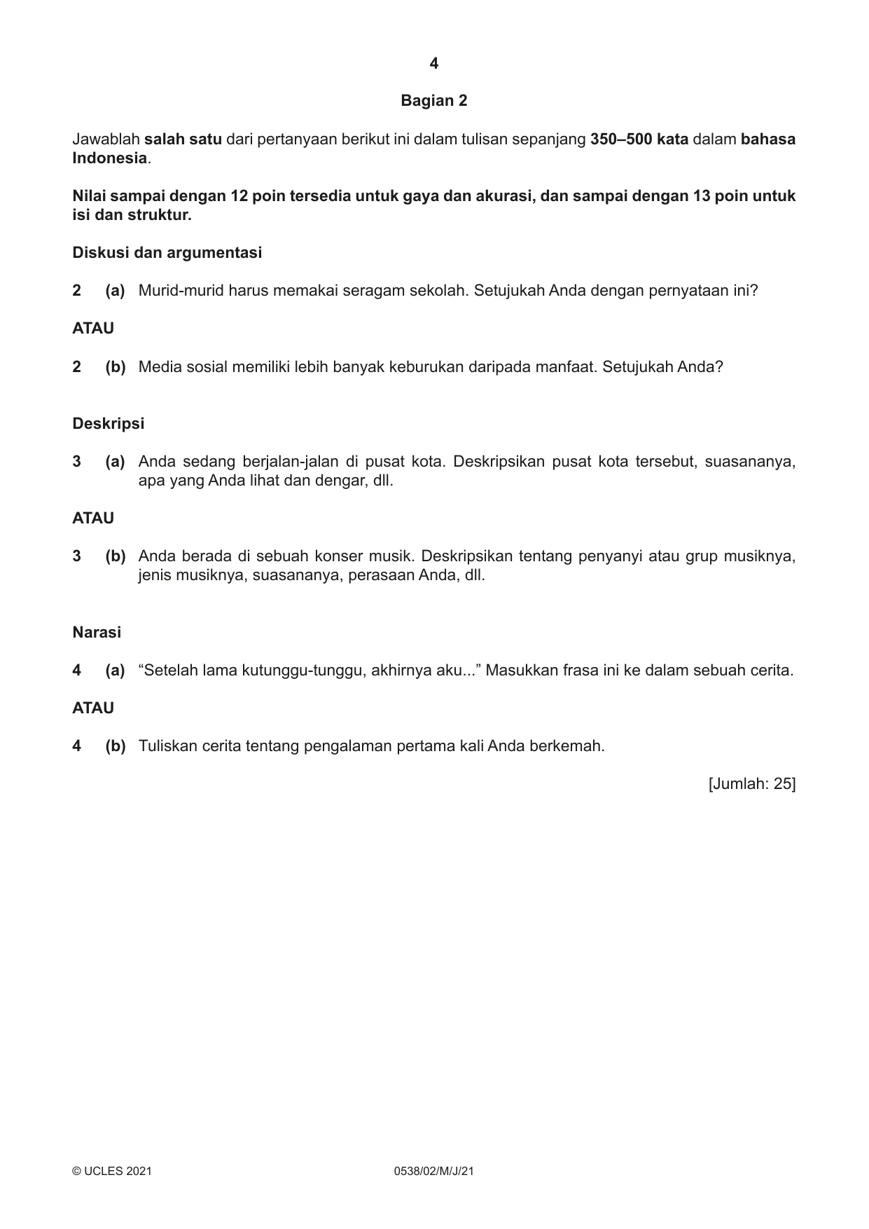 Cambridge IGCSE Bahasa Indonesia 0538 2021 May/June Paper 2 · Variant 0 question paper, page 4 of 8