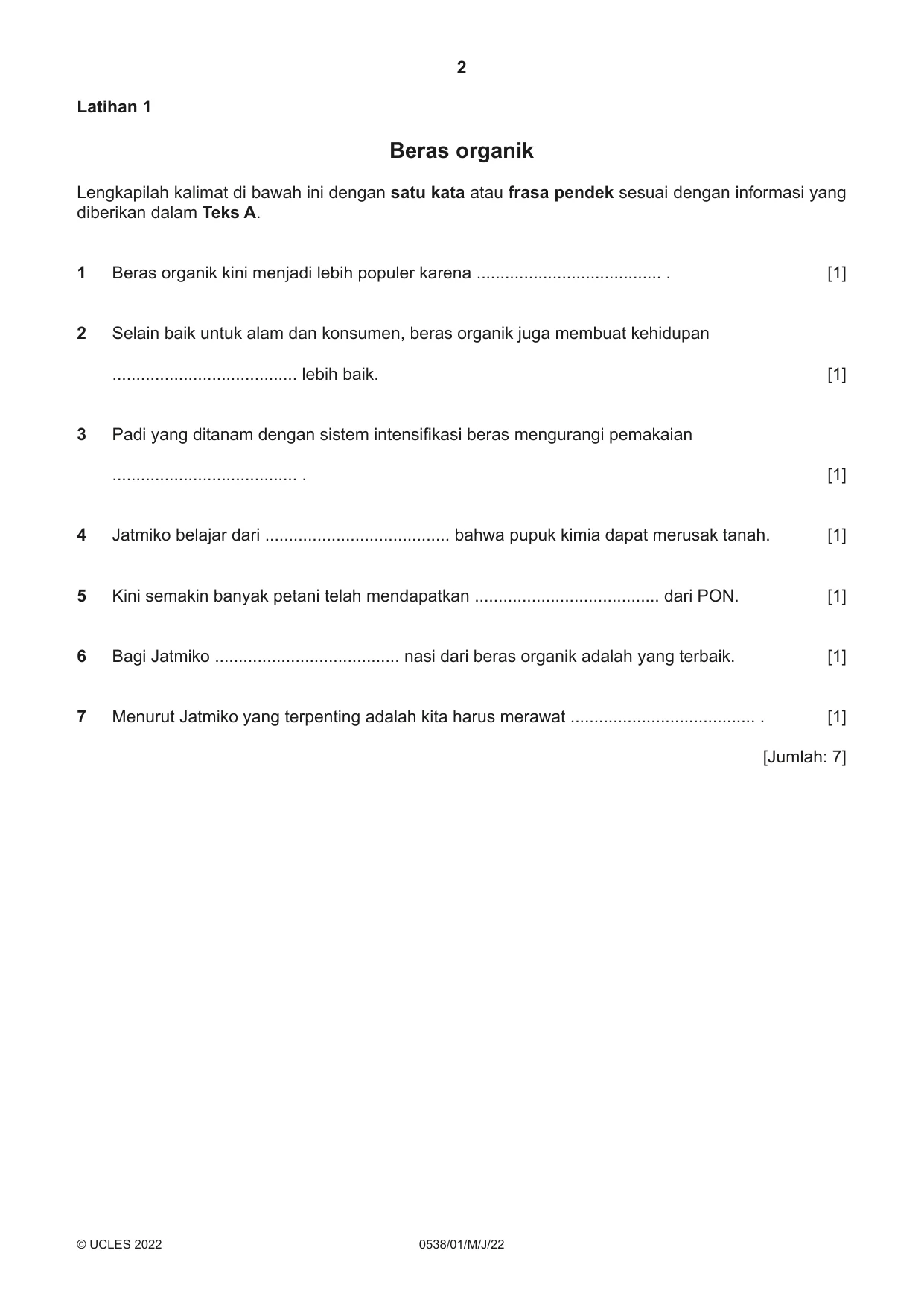 Cambridge IGCSE Bahasa Indonesia 0538 2022 May/June Paper 1 · Variant 0 question paper, page 2 of 12