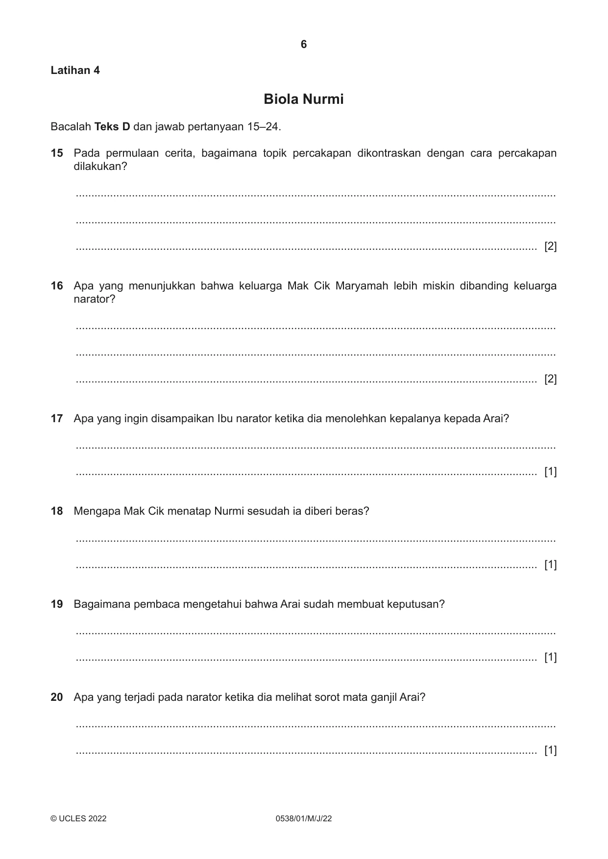Cambridge IGCSE Bahasa Indonesia 0538 2022 May/June Paper 1 · Variant 0 question paper, page 6 of 12