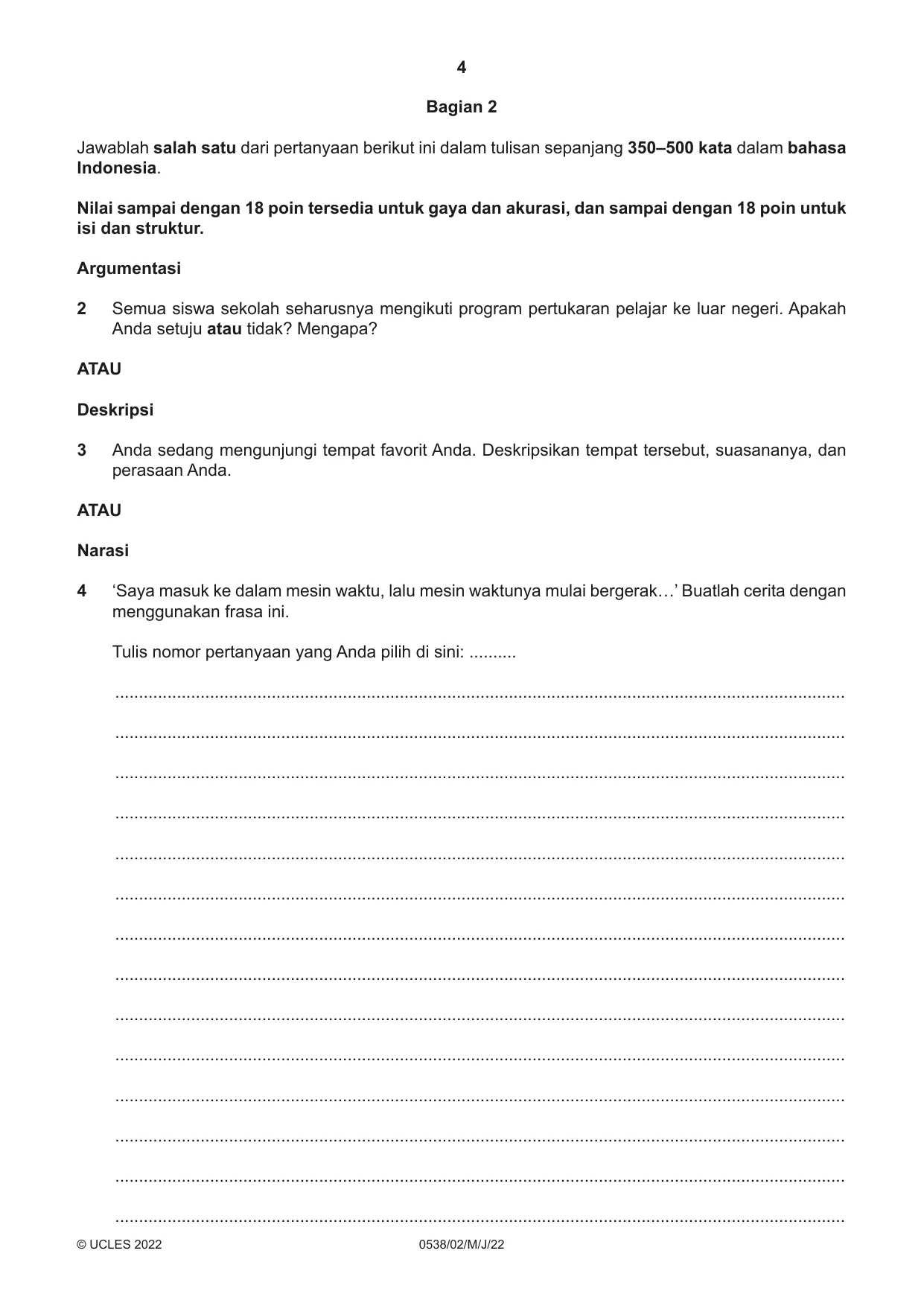 Cambridge IGCSE Bahasa Indonesia 0538 2022 May/June Paper 2 · Variant 0 question paper, page 4 of 8
