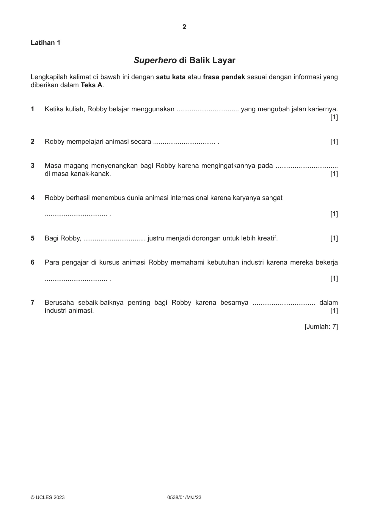 Cambridge IGCSE Bahasa Indonesia 0538 2023 May/June Paper 1 · Variant 0 question paper, page 2 of 12