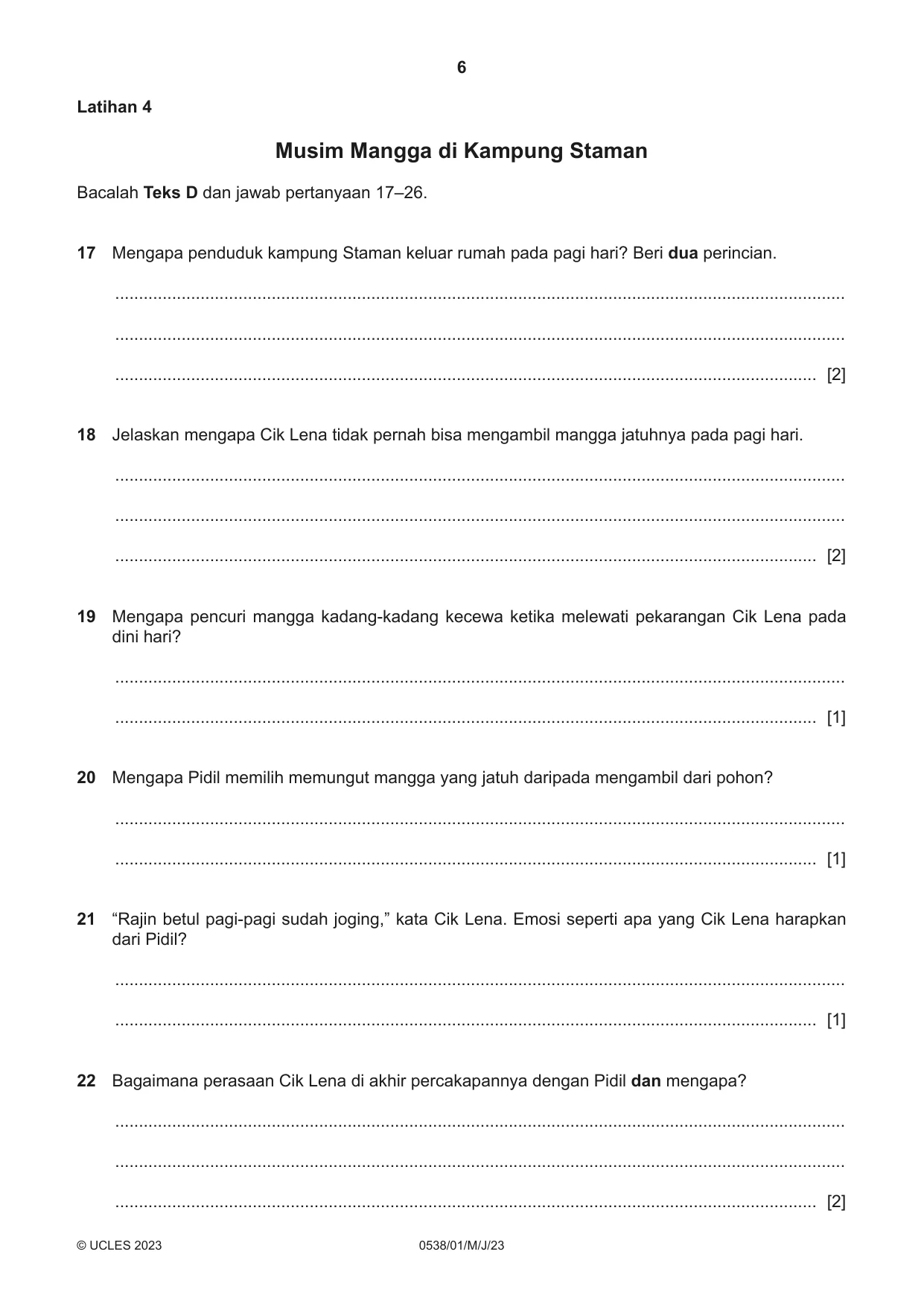 Cambridge IGCSE Bahasa Indonesia 0538 2023 May/June Paper 1 · Variant 0 question paper, page 6 of 12