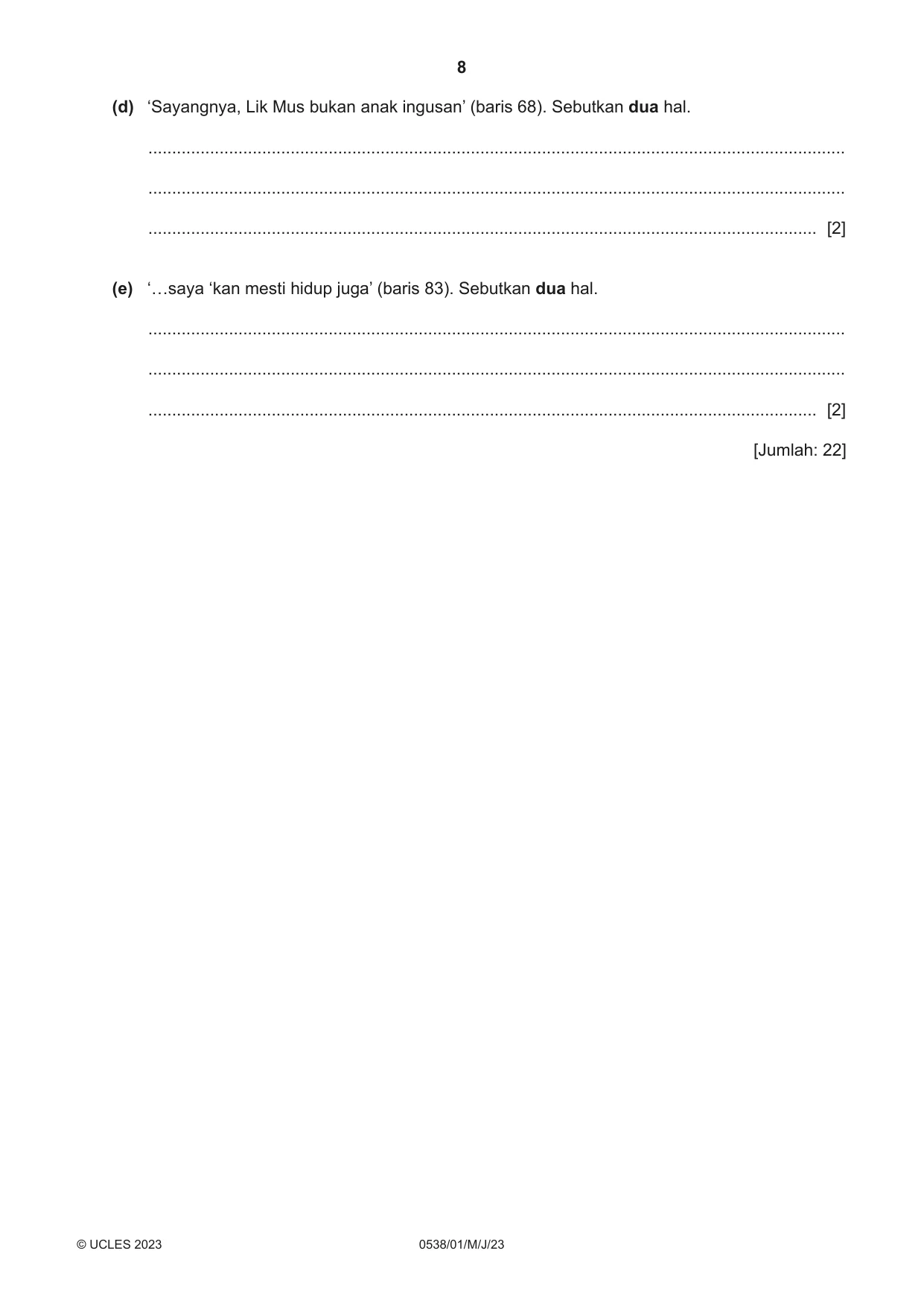 Cambridge IGCSE Bahasa Indonesia 0538 2023 May/June Paper 1 · Variant 0 question paper, page 8 of 12
