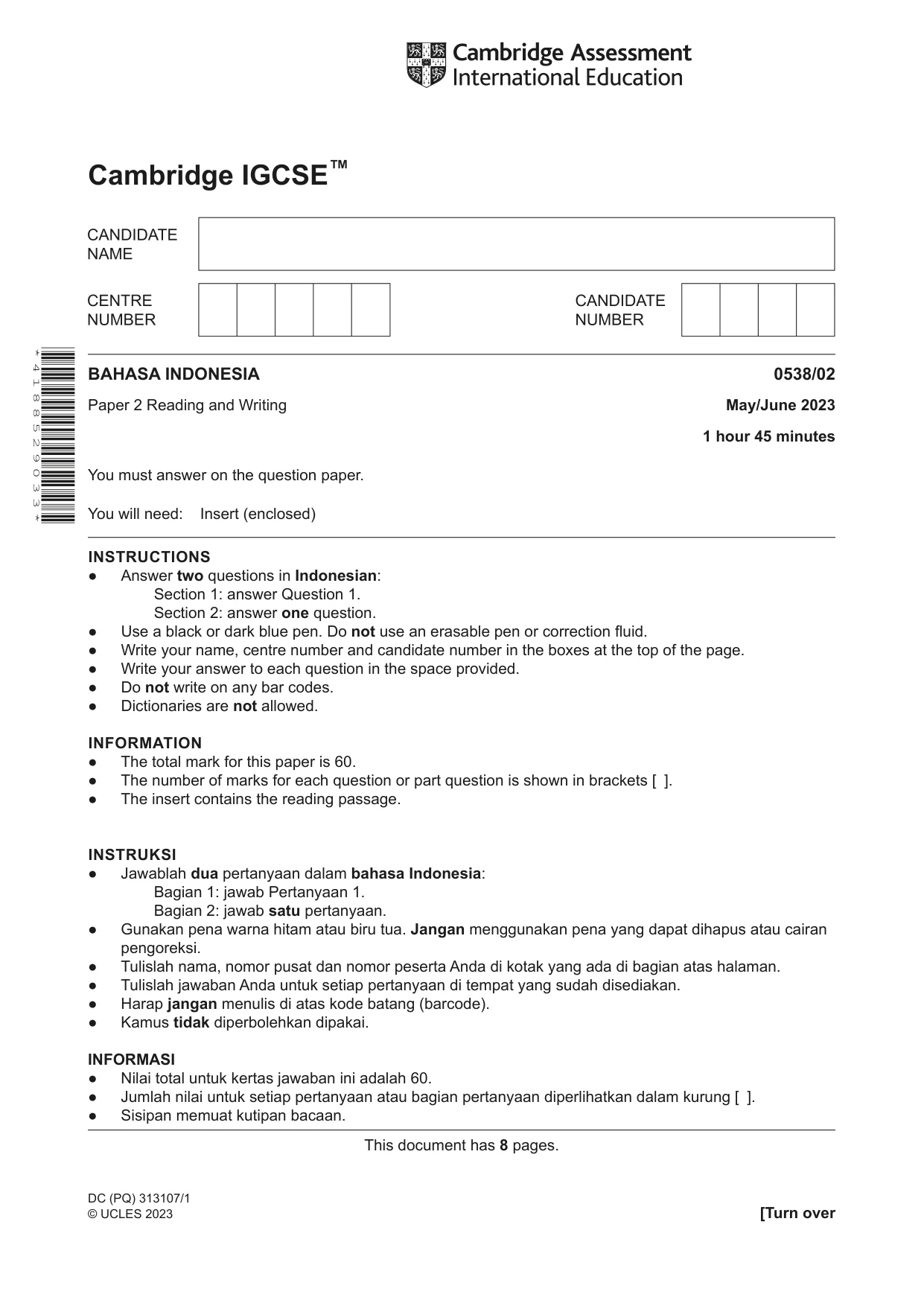 Cambridge IGCSE Bahasa Indonesia 0538 2023 May/June Paper 2 · Variant 0 question paper, page 1 of 8