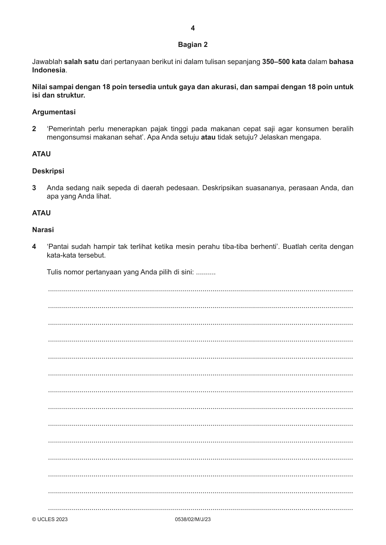 Cambridge IGCSE Bahasa Indonesia 0538 2023 May/June Paper 2 · Variant 0 question paper, page 4 of 8