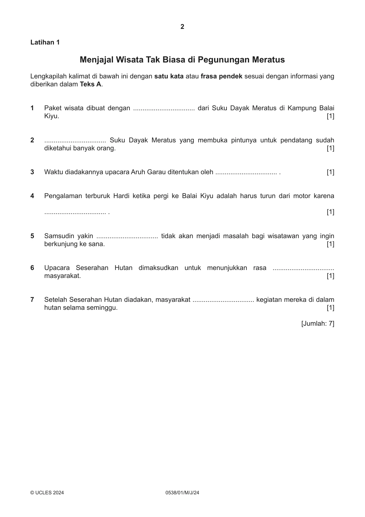 Cambridge IGCSE Bahasa Indonesia 0538 2024 May/June Paper 1 · Variant 0 question paper, page 2 of 12