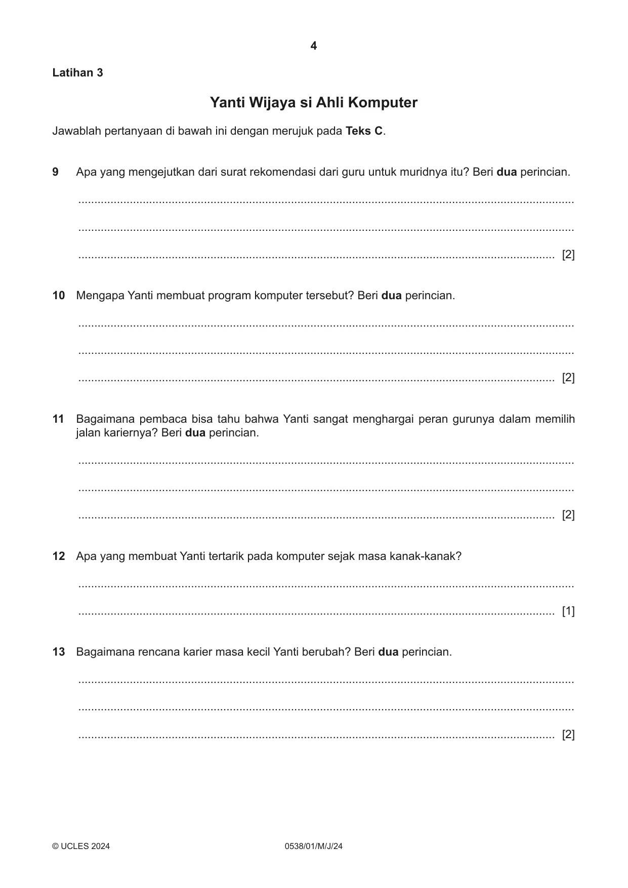 Cambridge IGCSE Bahasa Indonesia 0538 2024 May/June Paper 1 · Variant 0 question paper, page 4 of 12