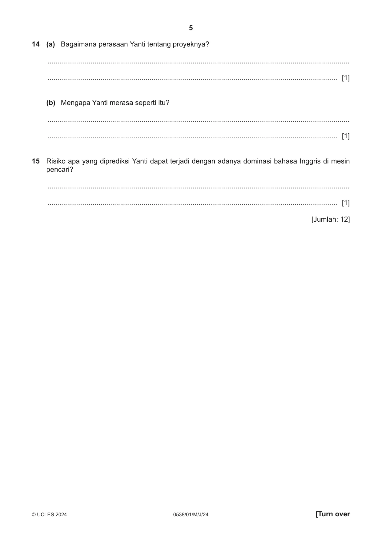 Cambridge IGCSE Bahasa Indonesia 0538 2024 May/June Paper 1 · Variant 0 question paper, page 5 of 12