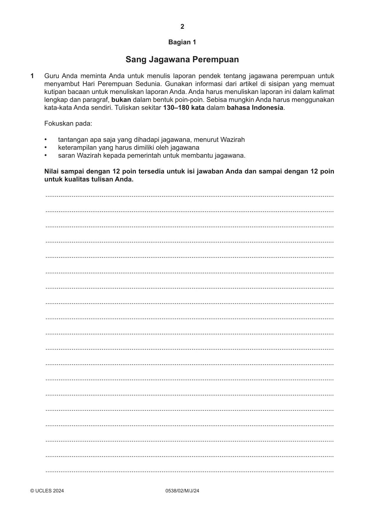 Cambridge IGCSE Bahasa Indonesia 0538 2024 May/June Paper 2 · Variant 0 question paper, page 2 of 8