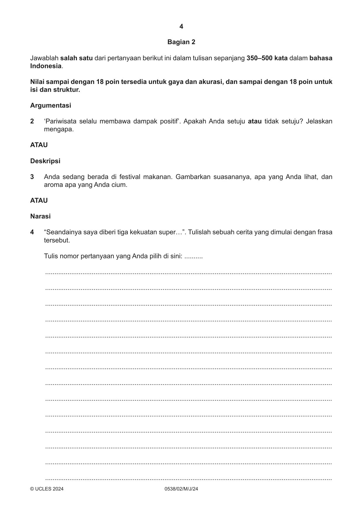 Cambridge IGCSE Bahasa Indonesia 0538 2024 May/June Paper 2 · Variant 0 question paper, page 4 of 8