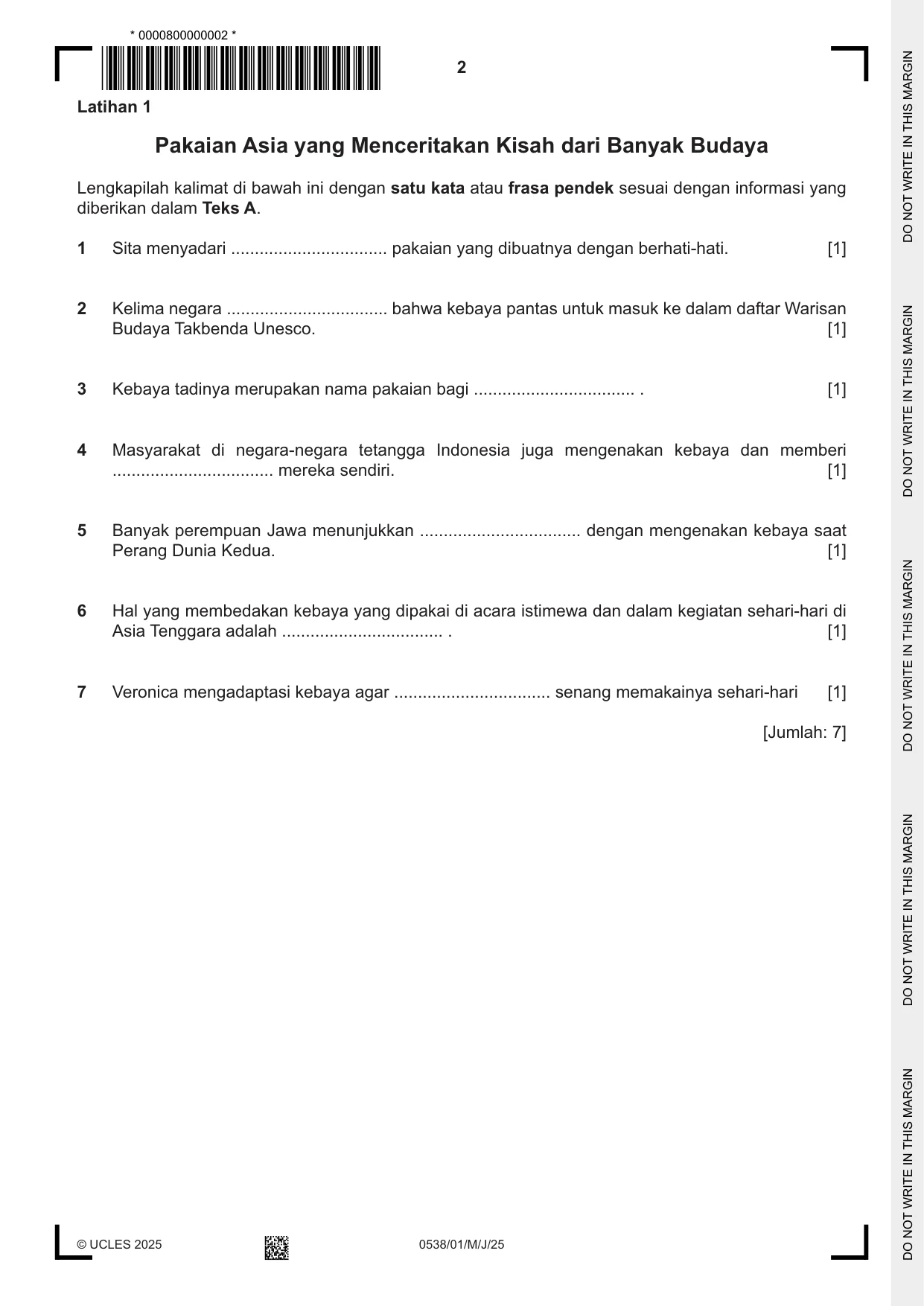 Cambridge IGCSE Bahasa Indonesia 0538 2025 May/June Paper 1 · Variant 0 question paper, page 2 of 12