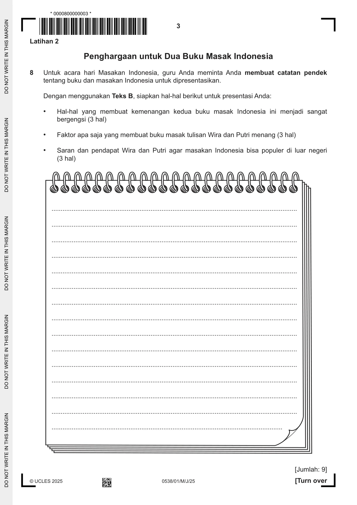 Cambridge IGCSE Bahasa Indonesia 0538 2025 May/June Paper 1 · Variant 0 question paper, page 3 of 12