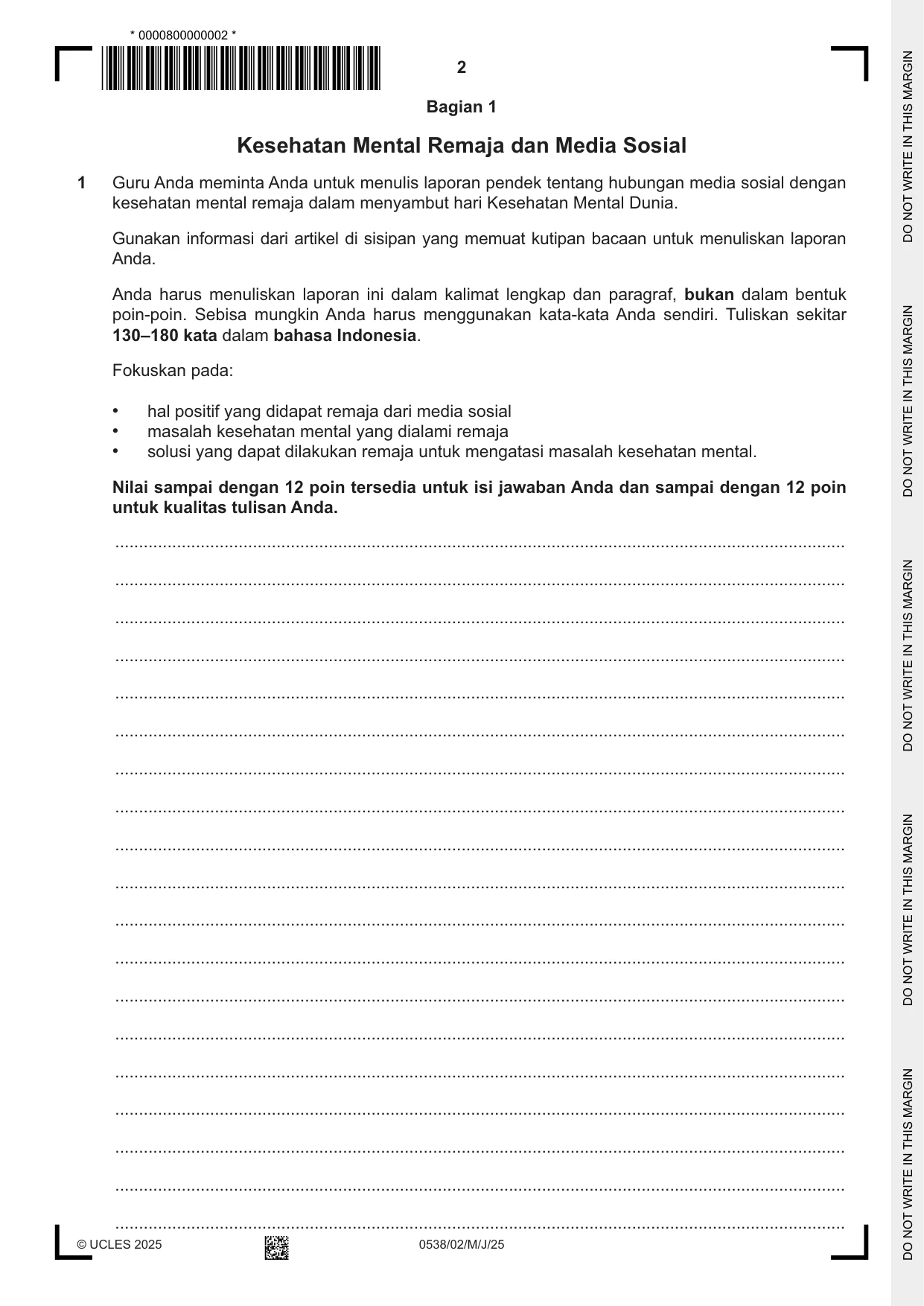 Cambridge IGCSE Bahasa Indonesia 0538 2025 May/June Paper 2 · Variant 0 question paper, page 2 of 8