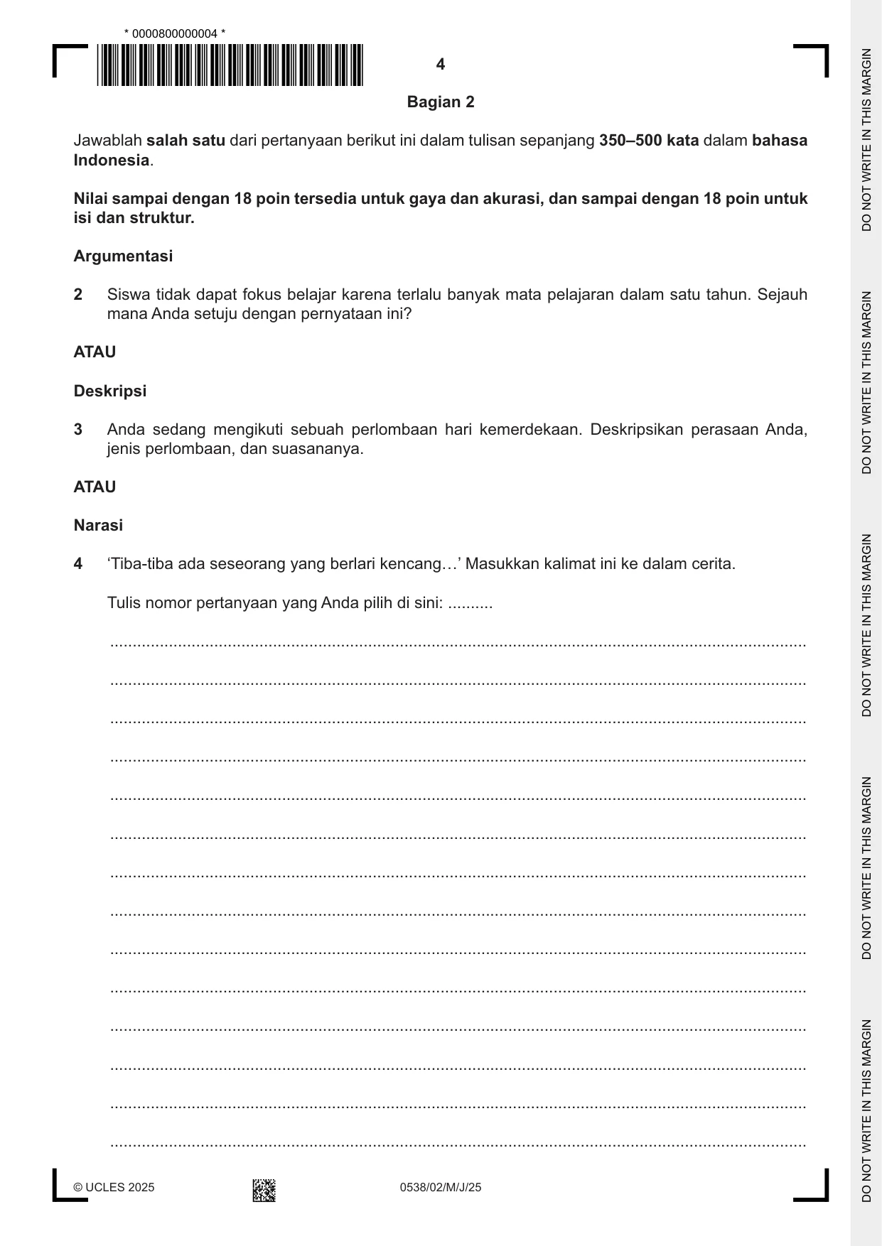 Cambridge IGCSE Bahasa Indonesia 0538 2025 May/June Paper 2 · Variant 0 question paper, page 4 of 8
