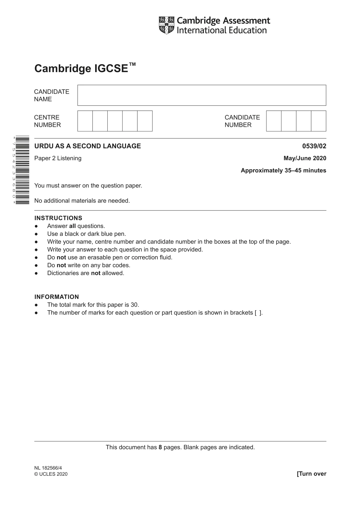 Cambridge IGCSE Urdu as a Second Language 0539 2020 May/June Paper 2 · Variant 0 question paper, page 1 of 8