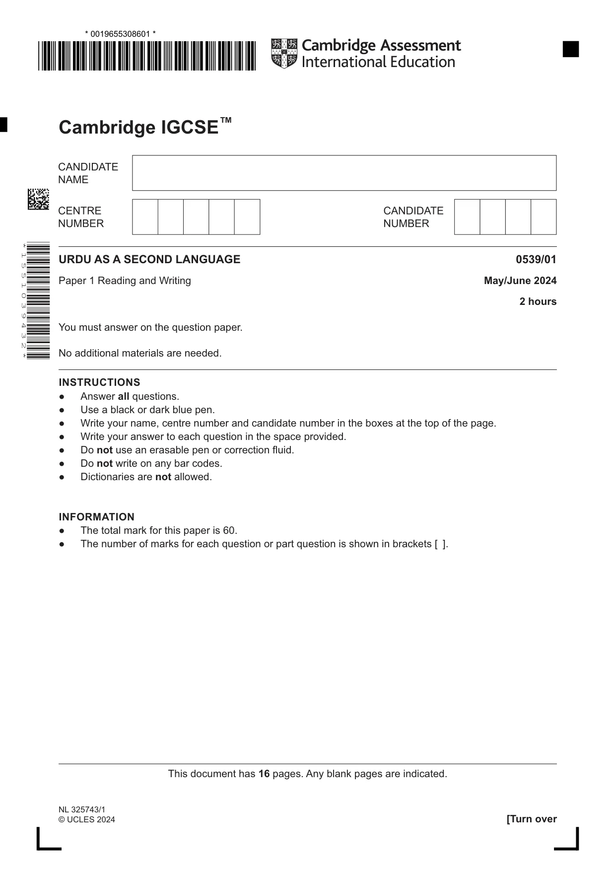 Cambridge IGCSE Urdu as a Second Language 0539 2024 May/June Paper 1 · Variant 0 question paper, page 1 of 16